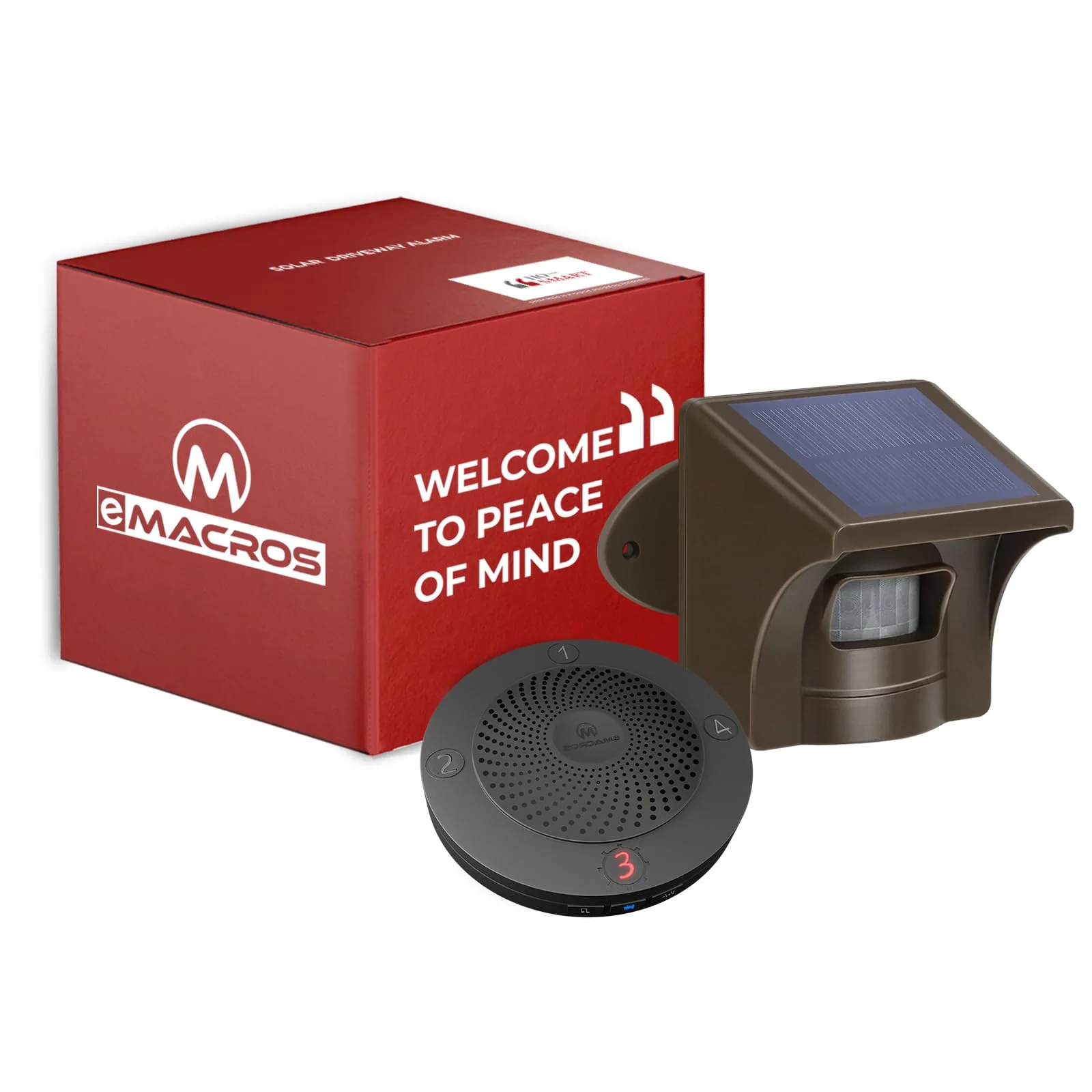 eMACROS Non-APP Wireless Driveway Alarm — 1/2 Mile Solar Motion Sensor with Plug-in Receiver for Driveways, Homes, Large Properties, Weatherproof Outdoor Security System 1 receiver and 1 sensor