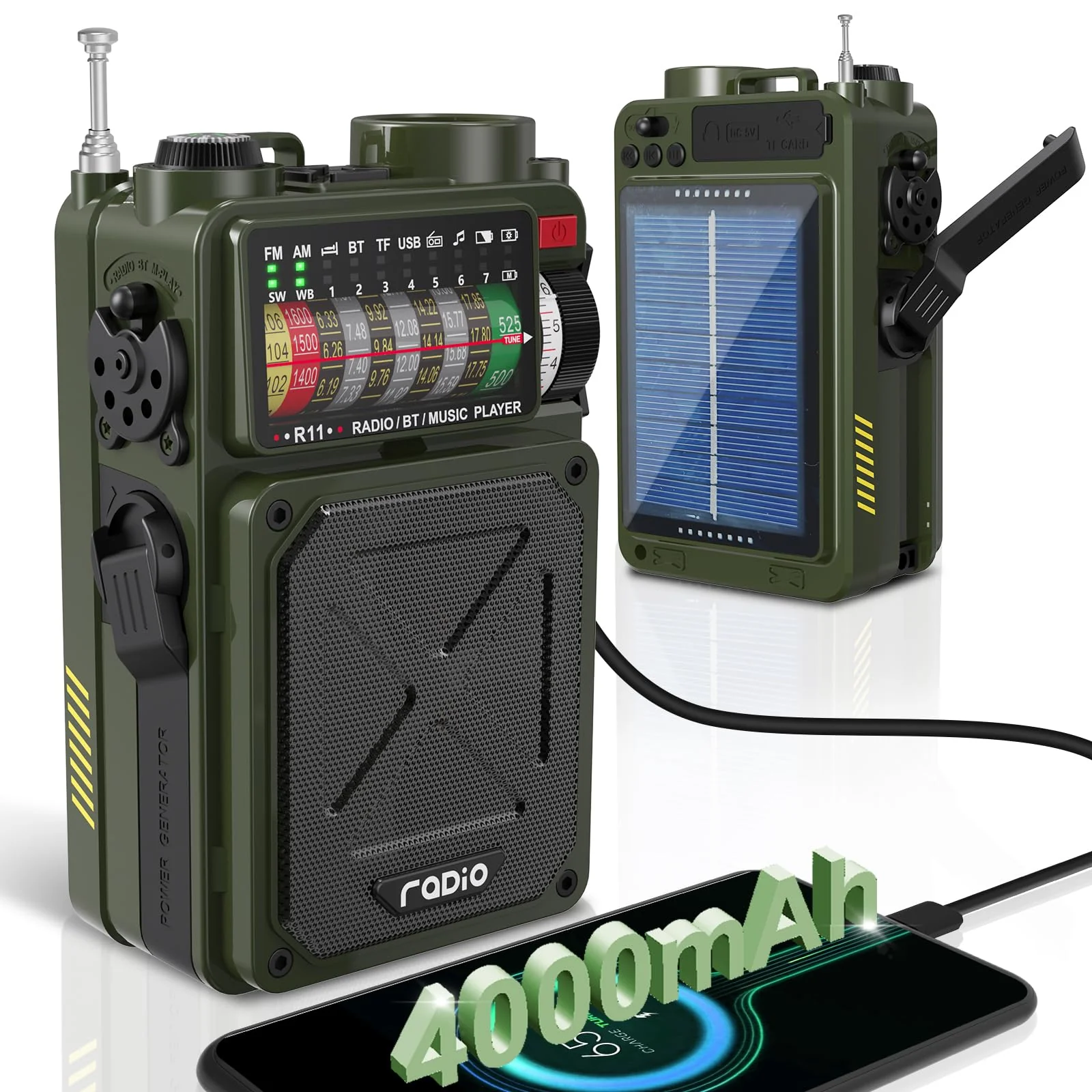 Emergency Crank Radio- Emgykit 4000mAh/14800mWh AM/FM/WB/SW/NOAA Weather Radio with Bluetooth,Flashlight,SOS Alarm, Powered by USB Charged,Hand Crank & Solar Power for Camping, Emergency Green
