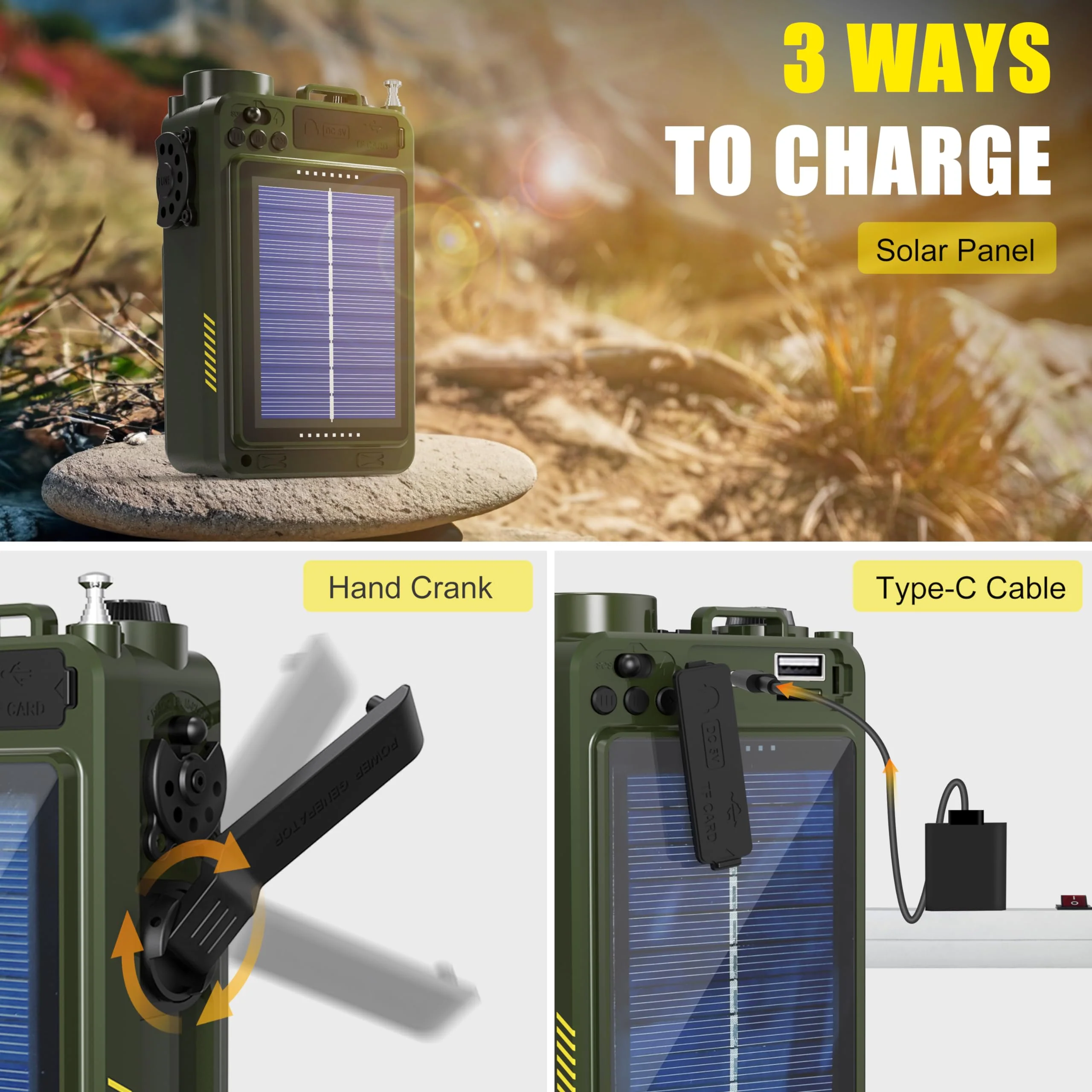Emergency Crank Radio- Emgykit 4000mAh/14800mWh AM/FM/WB/SW/NOAA Weather Radio with Bluetooth,Flashlight,SOS Alarm, Powered by USB Charged,Hand Crank & Solar Power for Camping, Emergency Green - Image 7