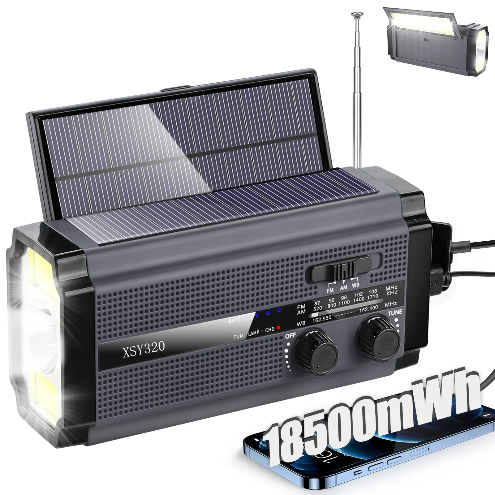 Emergency Crank Weather AM/FM Radio with 2 Solar Panels 5 Charging Modes NOAA Weather Scan 3 Modes Flashlight Cell Phone Charger SOS Alarms for Home Outdoor (Gray) Gray