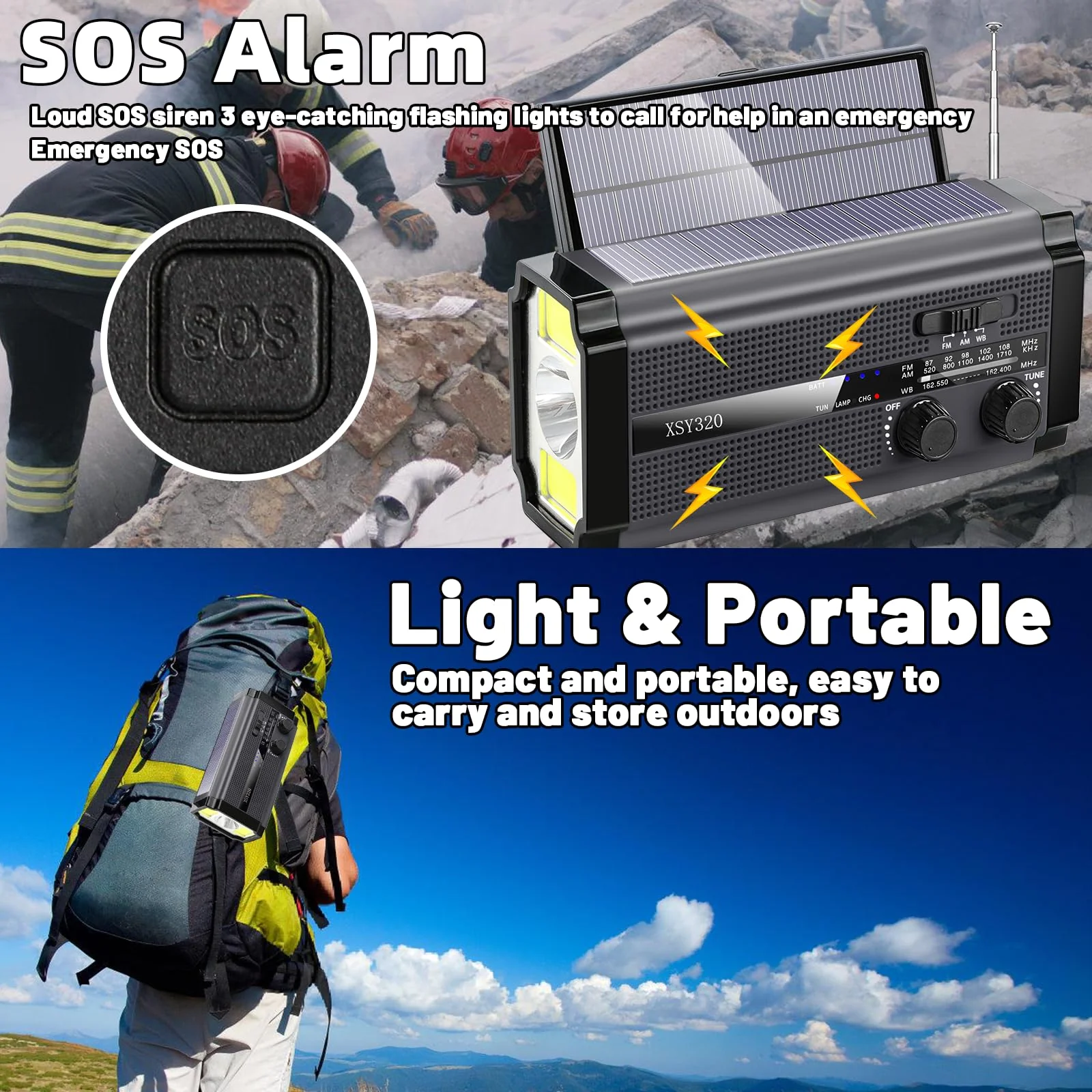 Emergency Crank Weather AM/FM Radio with 2 Solar Panels 5 Charging Modes NOAA Weather Scan 3 Modes Flashlight Cell Phone Charger SOS Alarms for Home Outdoor (Gray) Gray - Image 5
