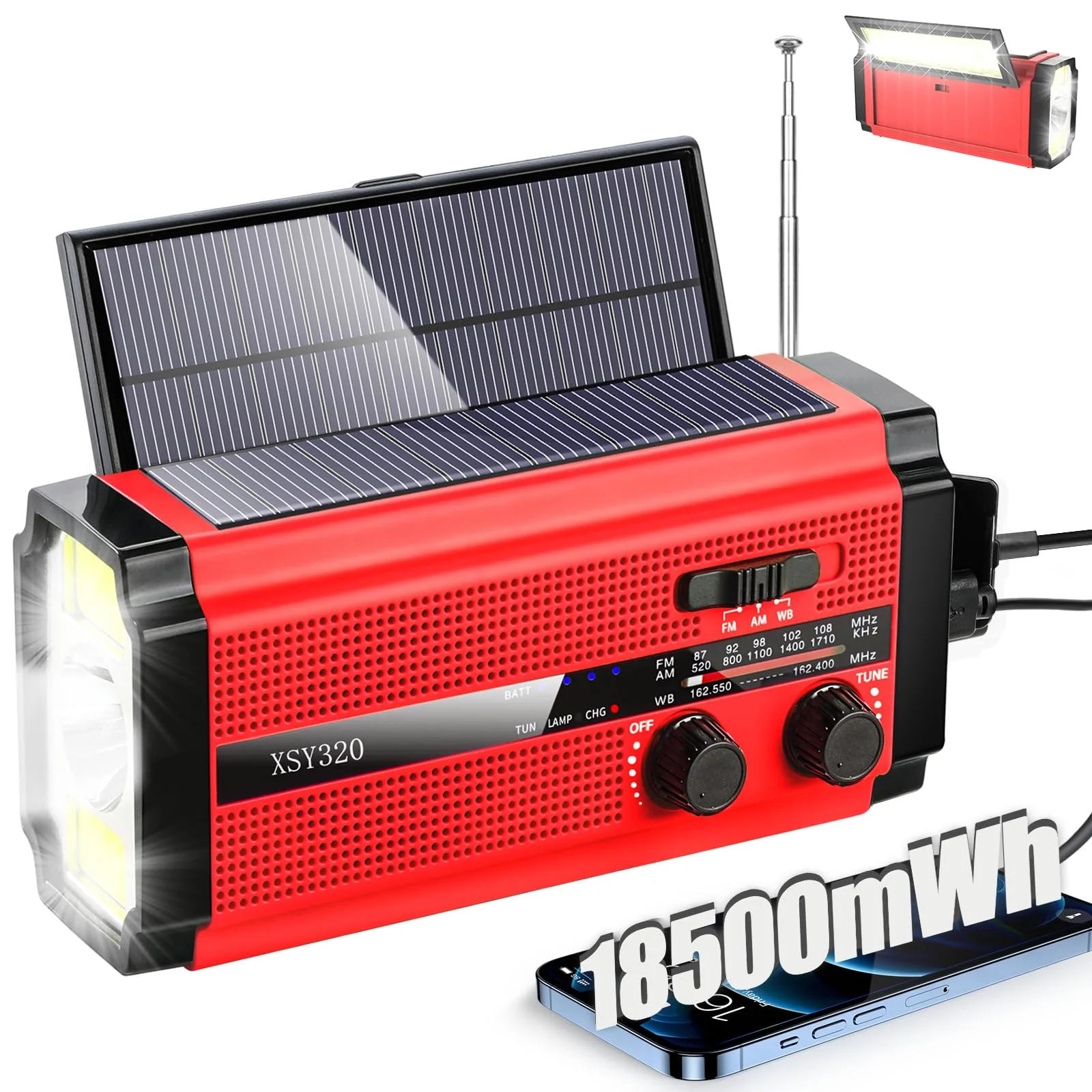 Emergency Crank Weather AM/FM Radio with 2 Solar Panels Weather Radio Portable Radio, 5 Charging Modes SOS Siren 3 ModesFlashlightCell Phone ChargerReading Light (Red) Red