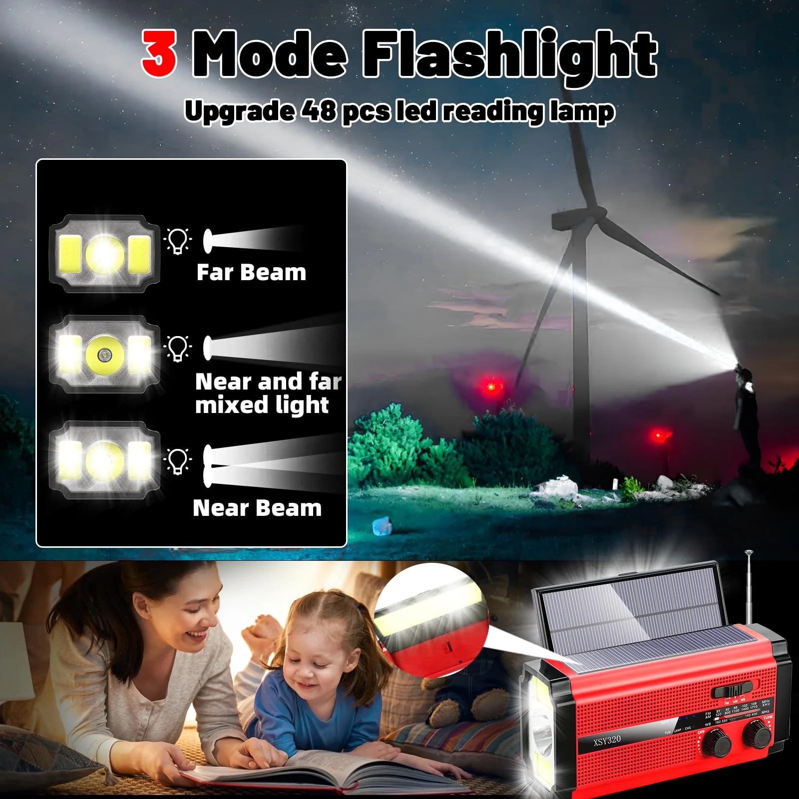Emergency Crank Weather AM/FM Radio with 2 Solar Panels Weather Radio Portable Radio, 5 Charging Modes SOS Siren 3 ModesFlashlightCell Phone ChargerReading Light (Red) Red - Image 6