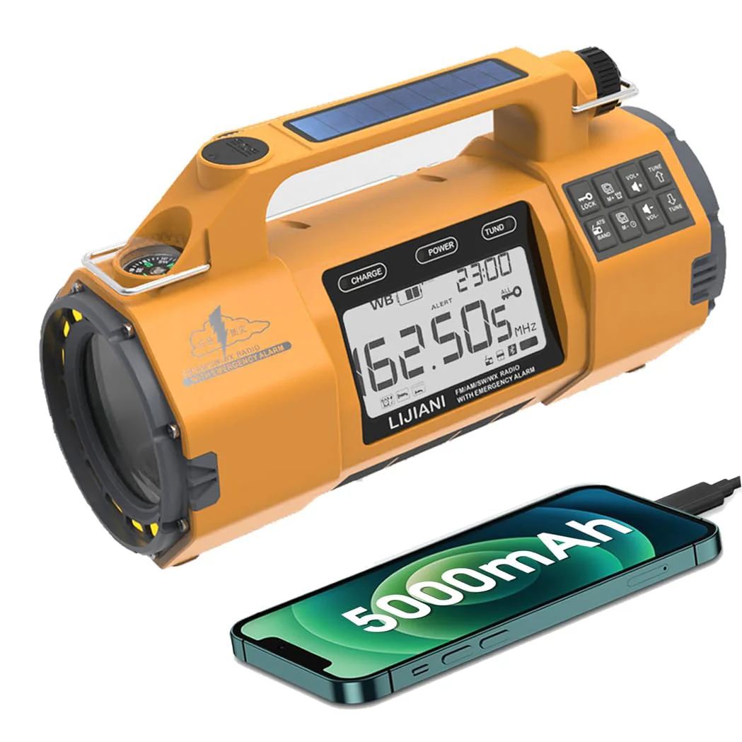 Emergency FM/AM/SW Weather Radio, Big Flashlight/Speaker,Type-C,Sleep Timer Alarm Clock, Solar Hand Crank Charge, 5000mAh Replaceable Battery,Cell Phone Charger Hurricane Survival kit yellow