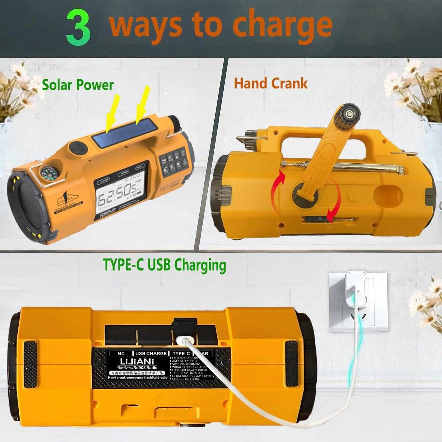 Emergency FM/AM/SW Weather Radio, Big Flashlight/Speaker,Type-C,Sleep Timer Alarm Clock, Solar Hand Crank Charge, 5000mAh Replaceable Battery,Cell Phone Charger Hurricane Survival kit yellow - Image 4