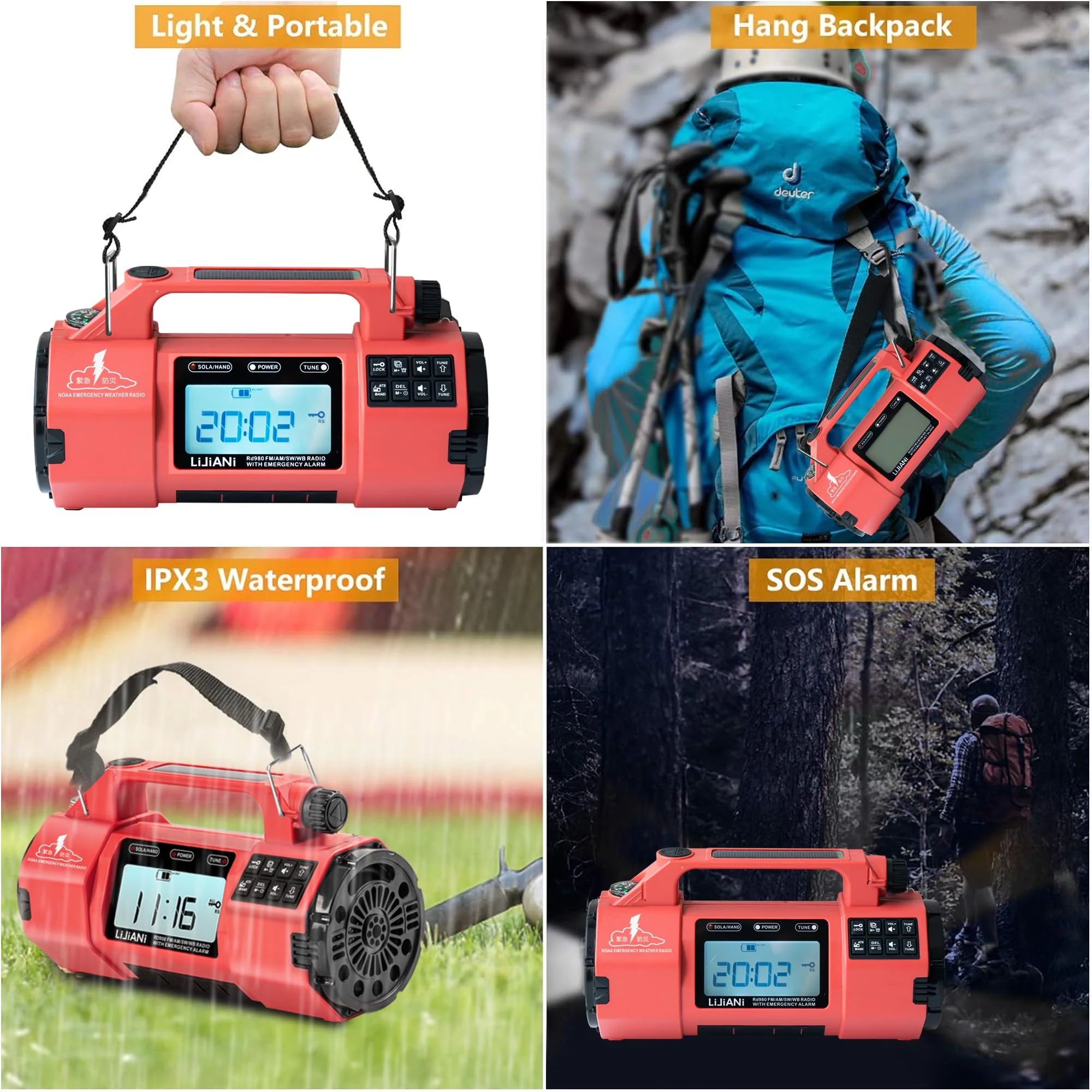 Emergency FM/AM/SW Weather Radio, Big Flashlight/Speaker,Type-C,Sleep Timer Alarm Clock, Solar Hand Crank Charge, 5000mAh Replaceable Battery,Cell Phone Charger Hurricane Survival kit yellow - Image 6