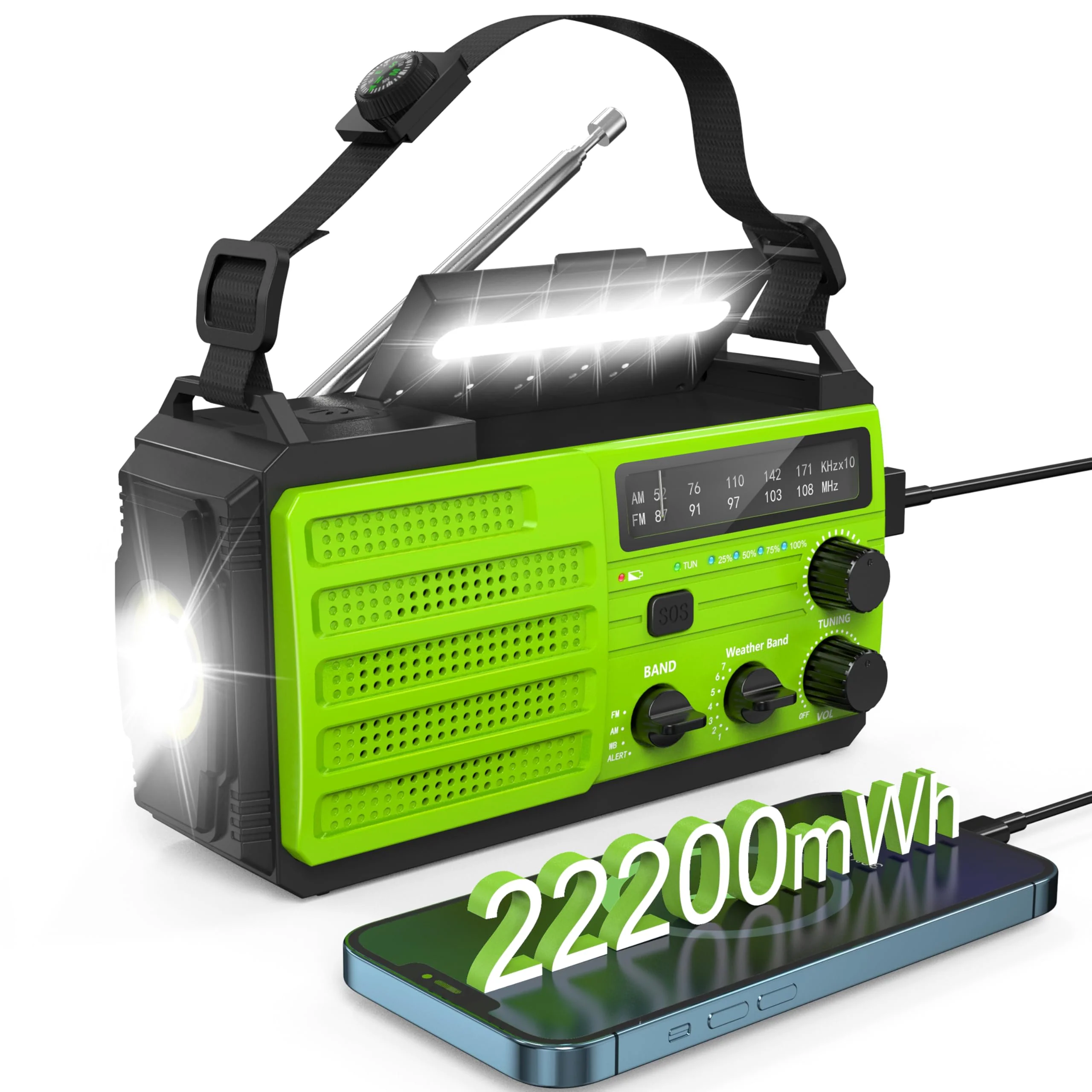 Emergency Radio 22200mWh Solar Hand Crank Emergency Radio: AM/FM/NOAA Weather Radio with Phone Charger, Flashlight & Reading Lamp, Headphone Jack, SOS Alarm for Home Survival Hurricane Green-6000mAh