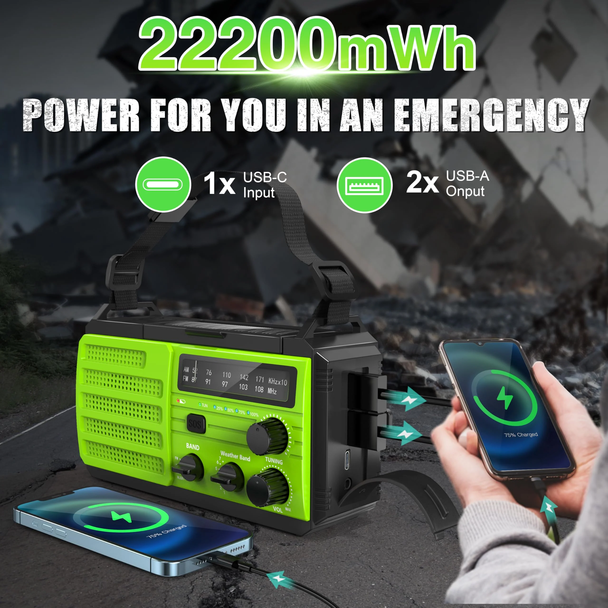Emergency Radio 22200mWh Solar Hand Crank Emergency Radio: AM/FM/NOAA Weather Radio with Phone Charger, Flashlight & Reading Lamp, Headphone Jack, SOS Alarm for Home Survival Hurricane Green-6000mAh - Image 3