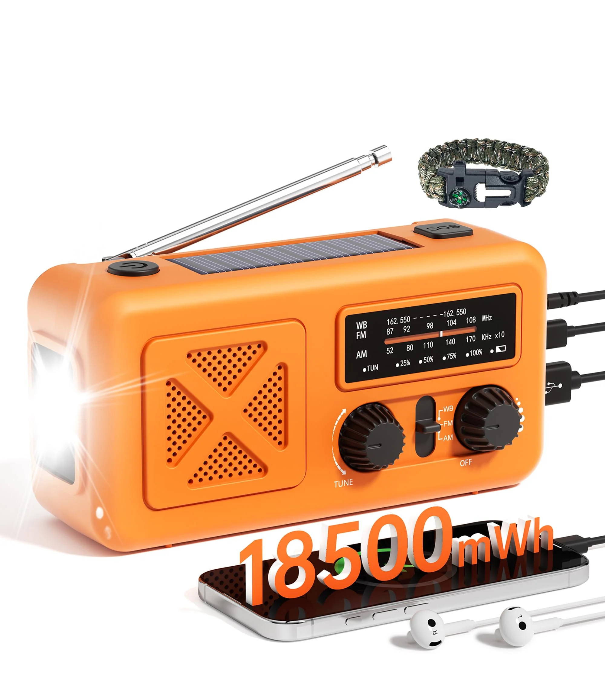 Emergency Radio Hand Crank Solar, 5000mAh/18500mWh Emergency Weather Radio, Solar Crank Radios with NOAA/AM/FM, Thermal Blanket, Paracord Bracele, for Outdoor & Home Orange 5000mAh Emergency Kit