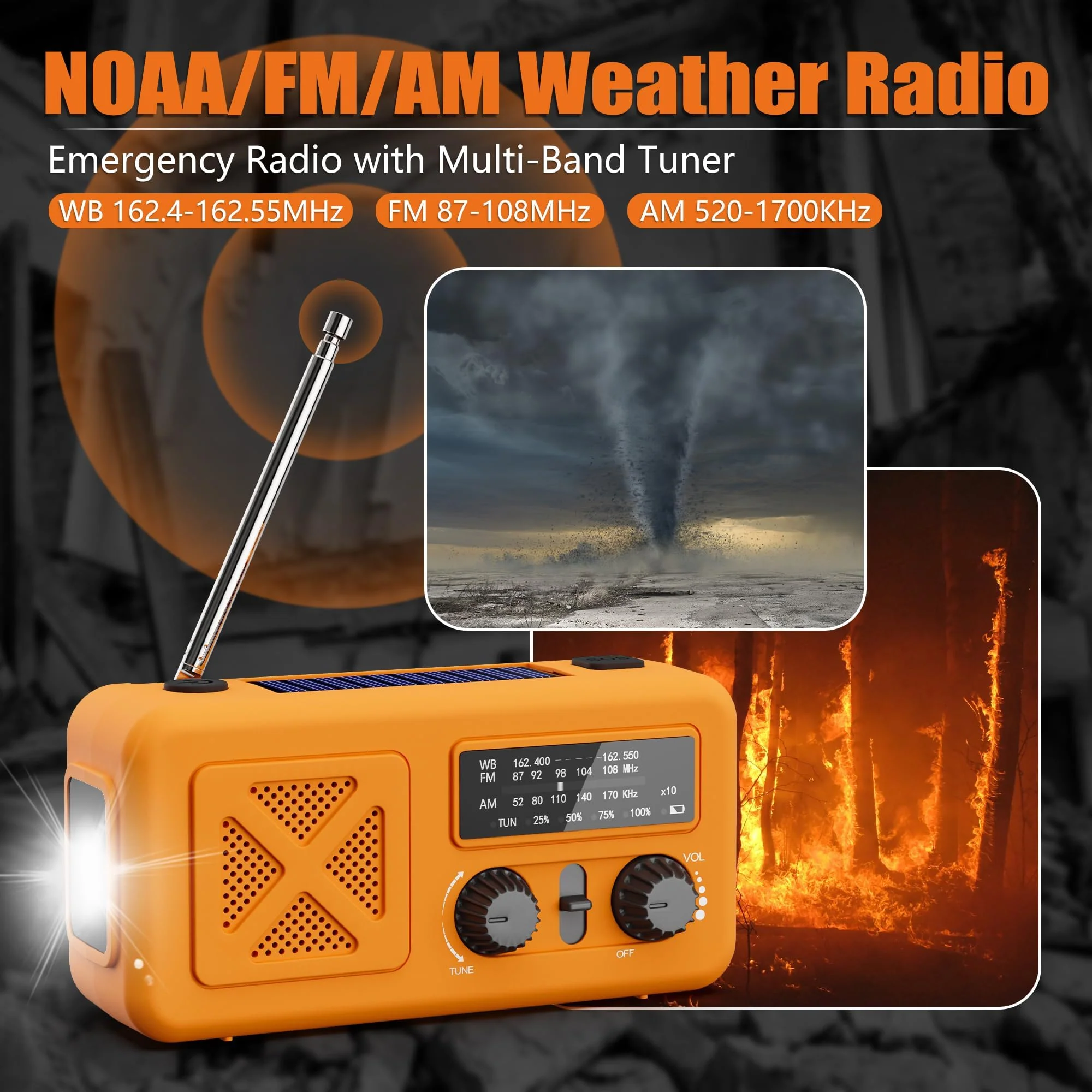 Emergency Radio Hand Crank Solar, 5000mAh/18500mWh Emergency Weather Radio, Solar Crank Radios with NOAA/AM/FM, Thermal Blanket, Paracord Bracele, for Outdoor & Home Orange 5000mAh Emergency Kit - Image 2