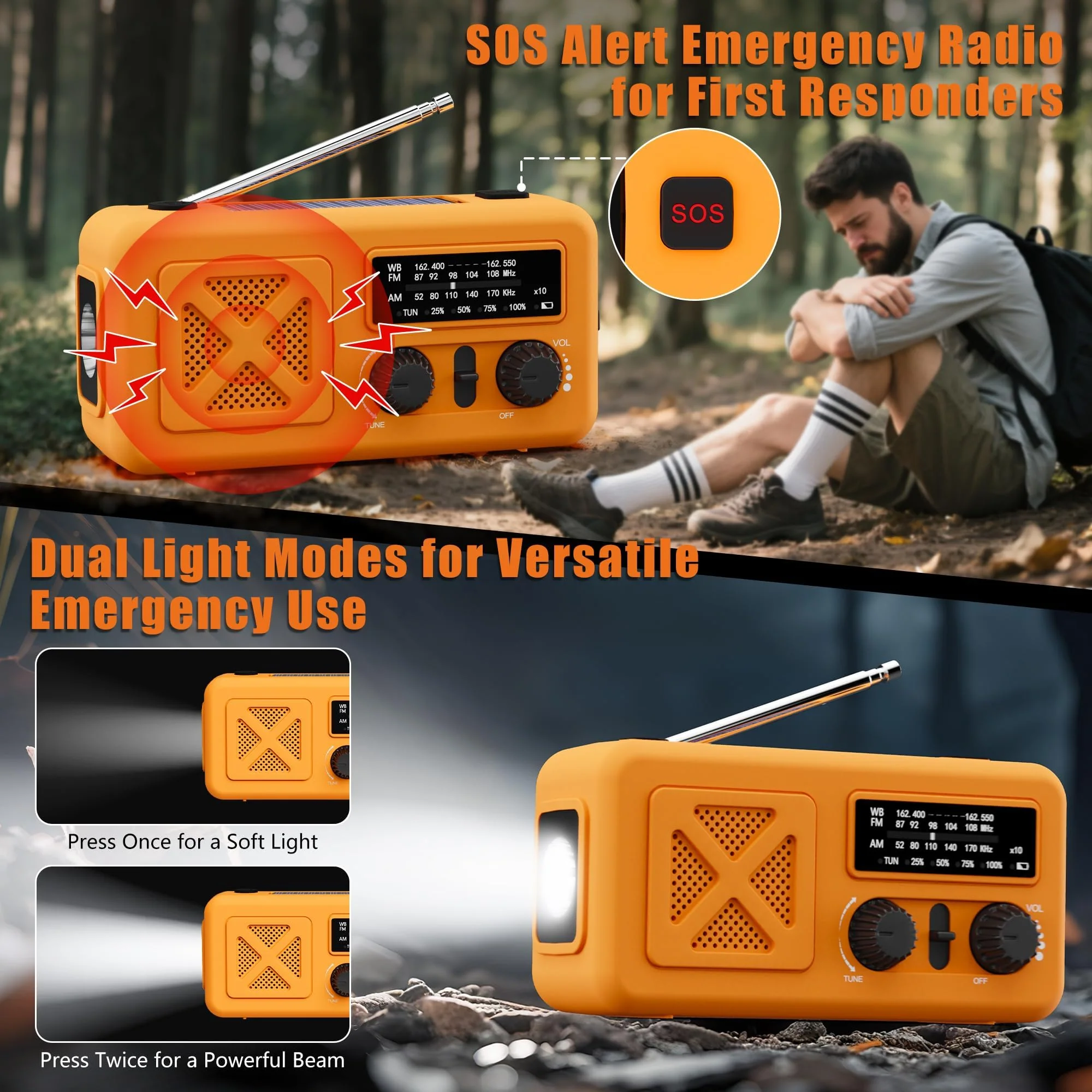 Emergency Radio Hand Crank Solar, 5000mAh/18500mWh Emergency Weather Radio, Solar Crank Radios with NOAA/AM/FM, Thermal Blanket, Paracord Bracele, for Outdoor & Home Orange 5000mAh Emergency Kit - Image 6
