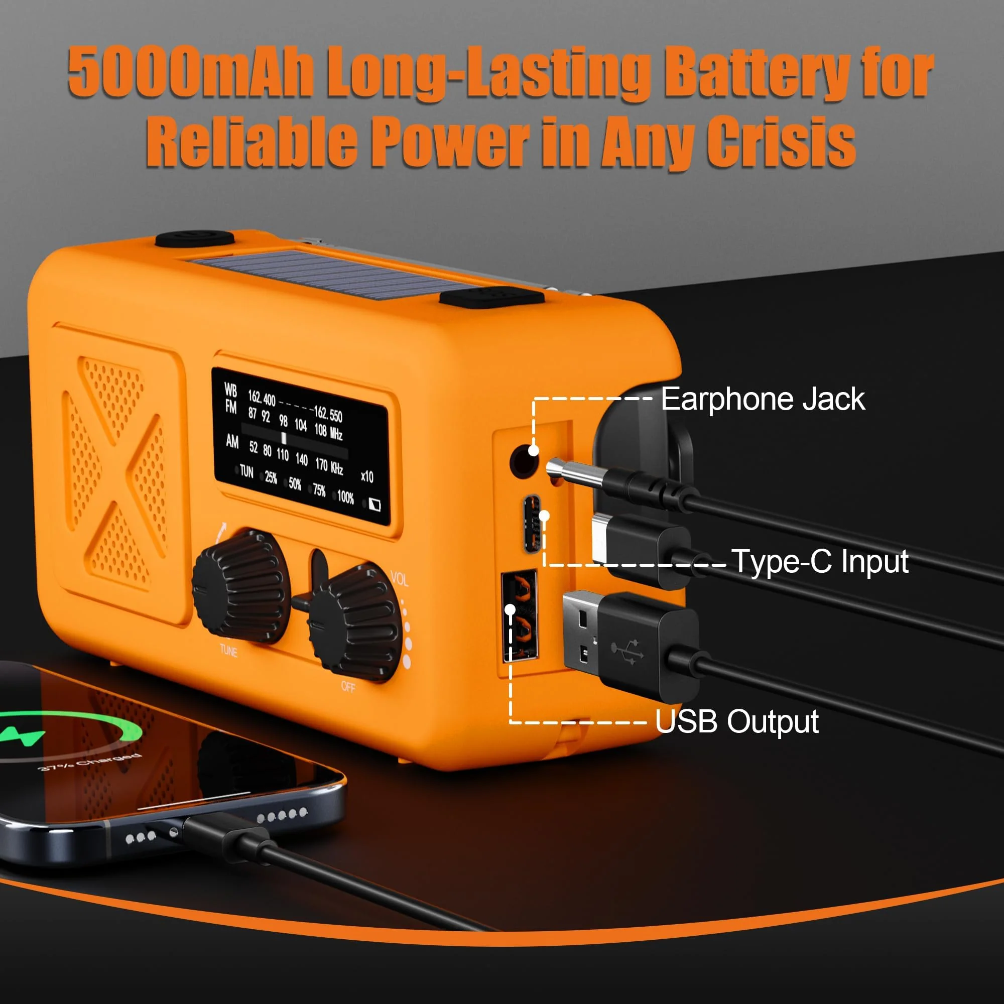Emergency Radio Hand Crank Solar, 5000mAh/18500mWh Emergency Weather Radio, Solar Crank Radios with NOAA/AM/FM, Thermal Blanket, Paracord Bracele, for Outdoor & Home Orange 5000mAh Emergency Kit - Image 7