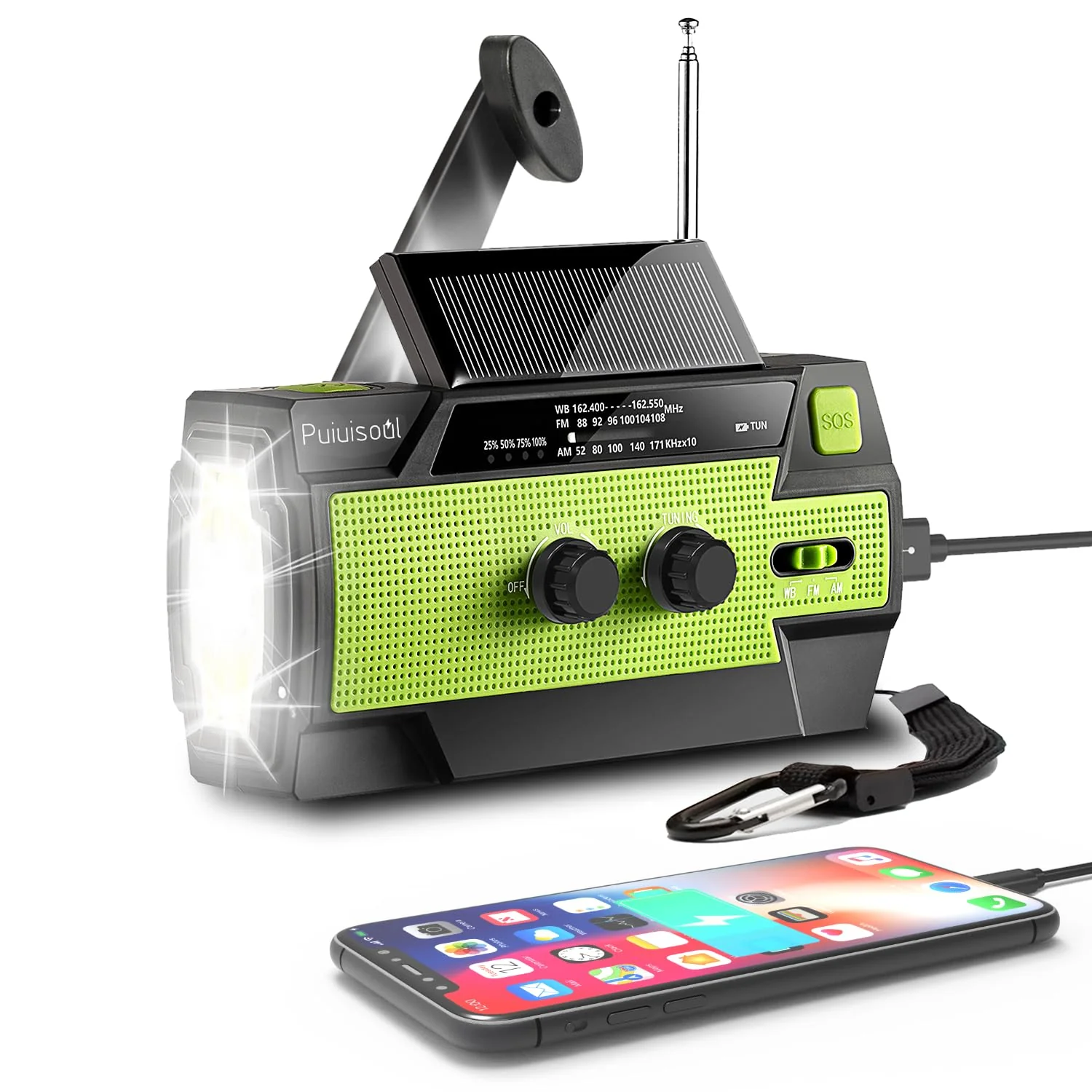 Emergency-Radio,Puiuisoul 4000mAh Weather Radios with Hand Crank & Solar Charging,3 Gear LED Flashlight,SOS Alarm, Portable Power Bank,AM/FM/NOAA,Motion Sensor Reading Lamp Olive Green