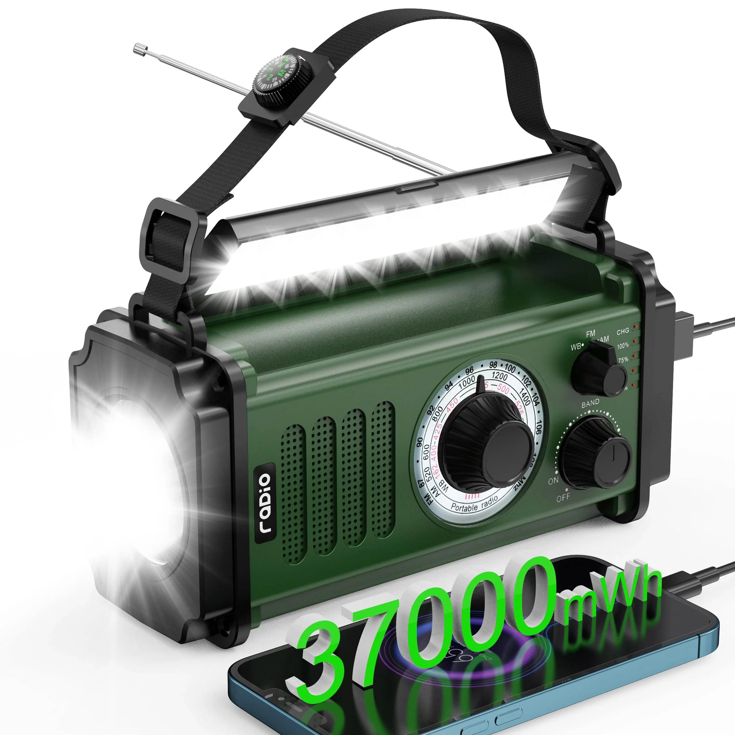 Emergency Radio, Solar Radio, 37000mWh Hand Crank Radio, NOAA AM FM Weather Radio, 5 Charging Methods, Polymer Battery, Flashlight & Reading Lamp, SOS Alarm, Phone Charger for Winter Storm Emergency Dark Green