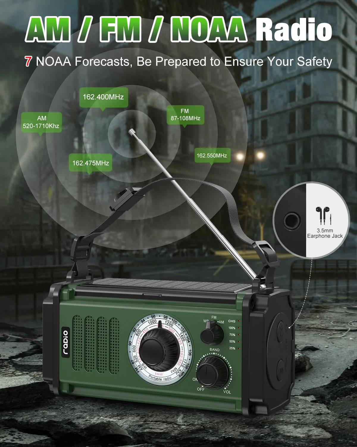 Emergency Radio, Solar Radio, 37000mWh Hand Crank Radio, NOAA AM FM Weather Radio, 5 Charging Methods, Polymer Battery, Flashlight & Reading Lamp, SOS Alarm, Phone Charger for Winter Storm Emergency Dark Green - Image 2