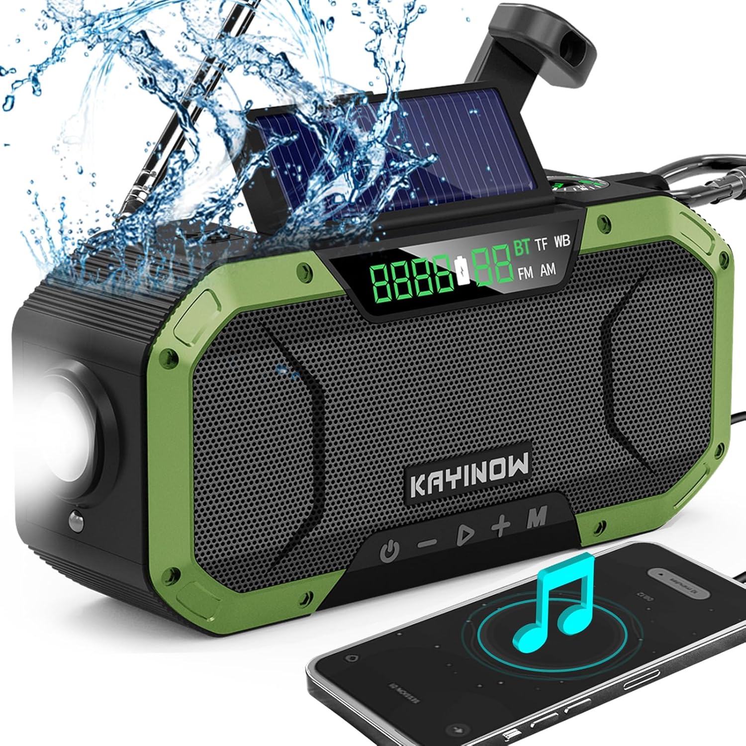 Emergency Radio Waterproof Bluetooth Speaker,Portable AM FM Radio with Flashlight,Reading Lamp,Hand Crank NOAA Weather Radio with Solar Panel,5000mAh/18500mWh Cell Phone Charger,Emergency Survival Kit Green