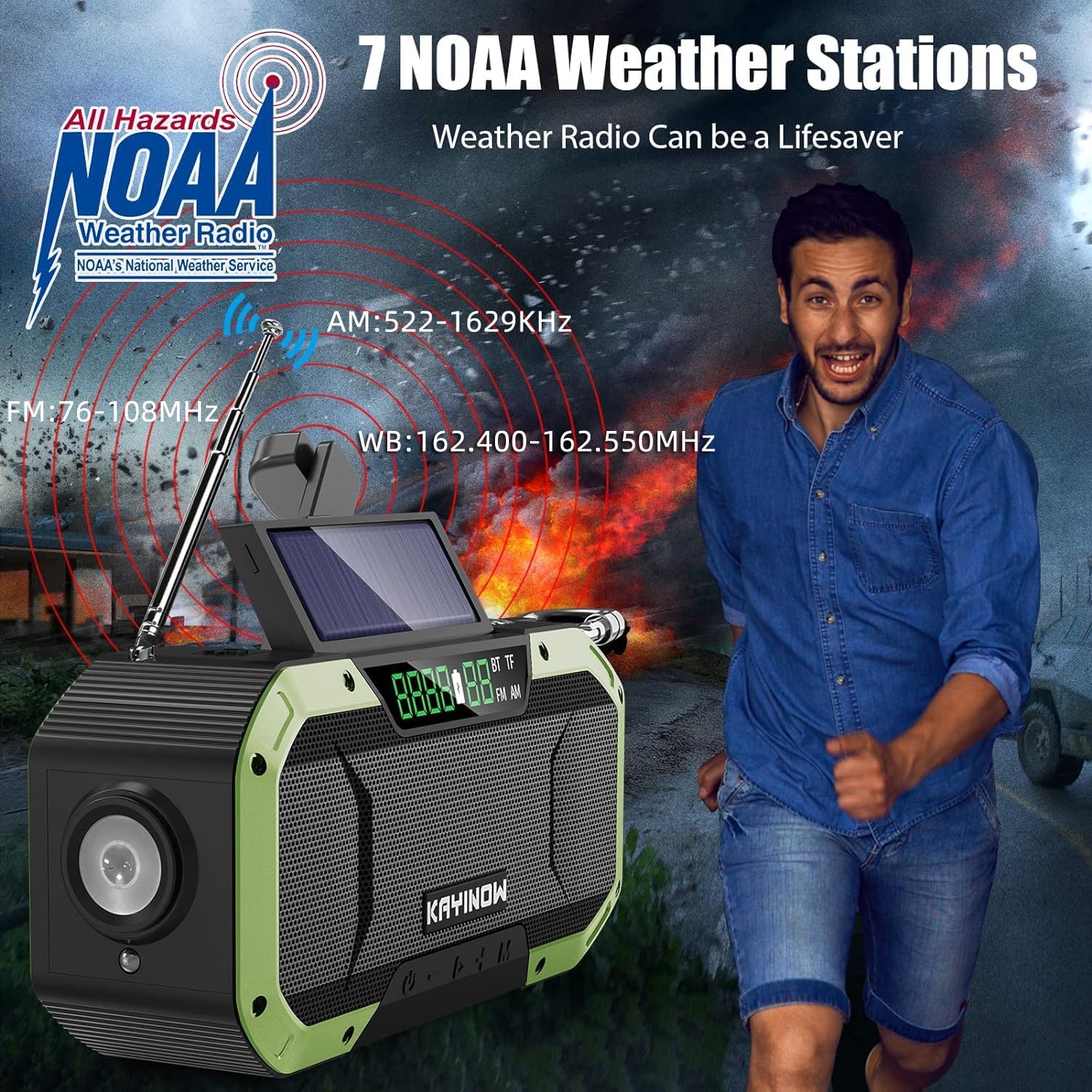 Emergency Radio Waterproof Bluetooth Speaker,Portable AM FM Radio with Flashlight,Reading Lamp,Hand Crank NOAA Weather Radio with Solar Panel,5000mAh/18500mWh Cell Phone Charger,Emergency Survival Kit Green - Image 5