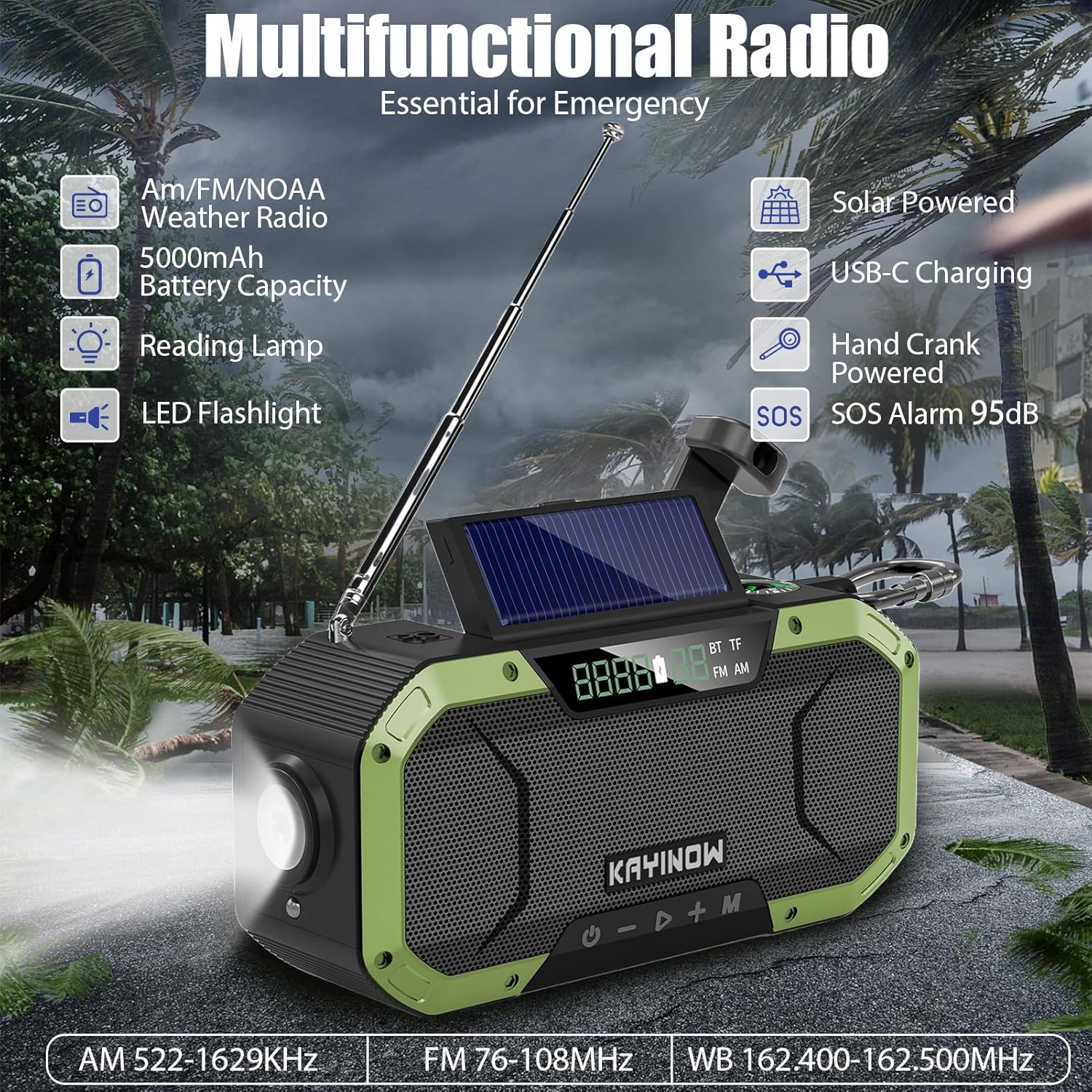 Emergency Radio Waterproof Bluetooth Speaker,Portable AM FM Radio with Flashlight,Reading Lamp,Hand Crank NOAA Weather Radio with Solar Panel,5000mAh/18500mWh Cell Phone Charger,Emergency Survival Kit Green - Image 6