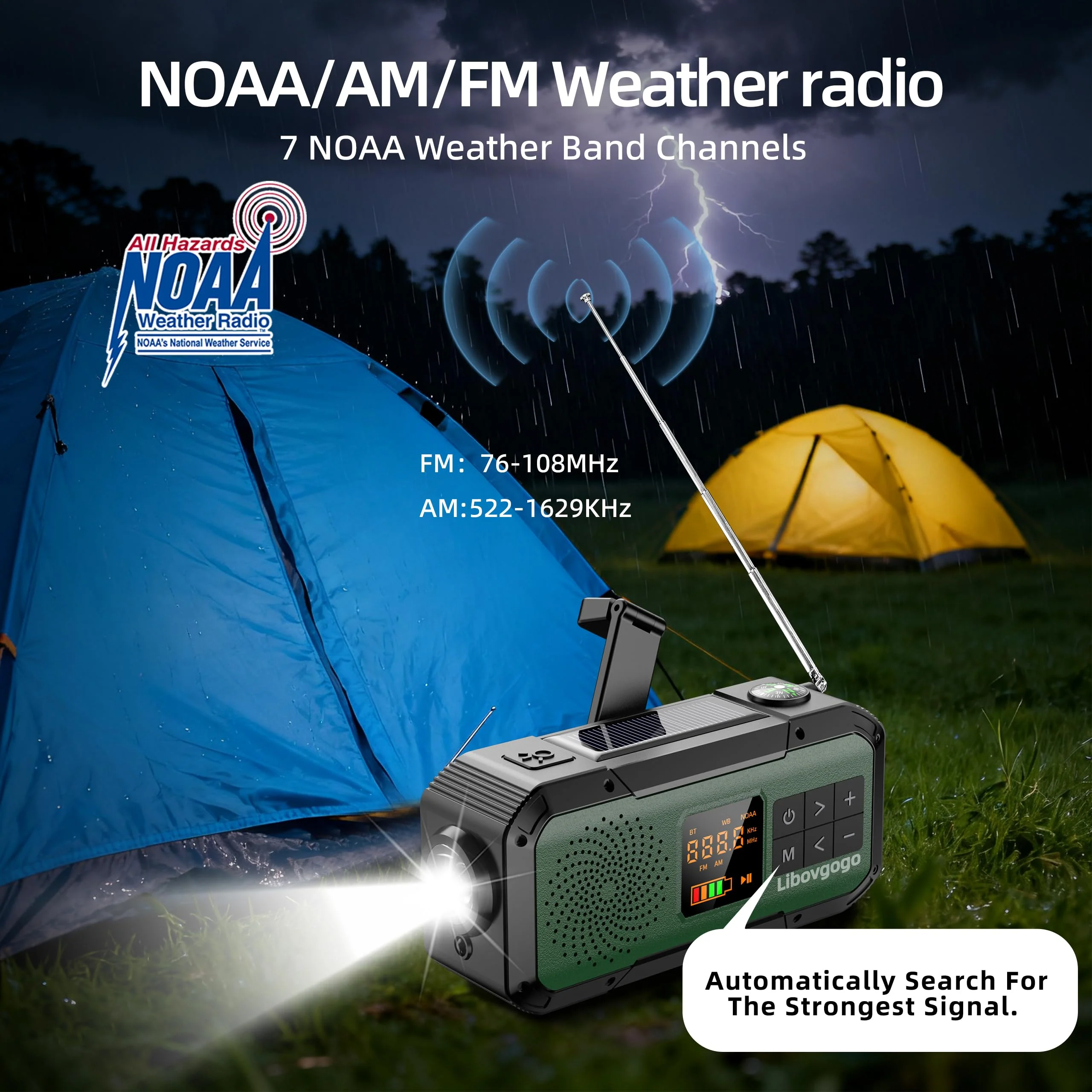 Emergency Radio Waterproof Bluetooth Speaker,Portable Digital AM FM Radio with 2000mAH Cell Phone Charger,Flashlight,Hand Crank NOAA Weather Radio with Solar Panel,Emergency Survival Kit (Deep Green) Deep Green - Image 2