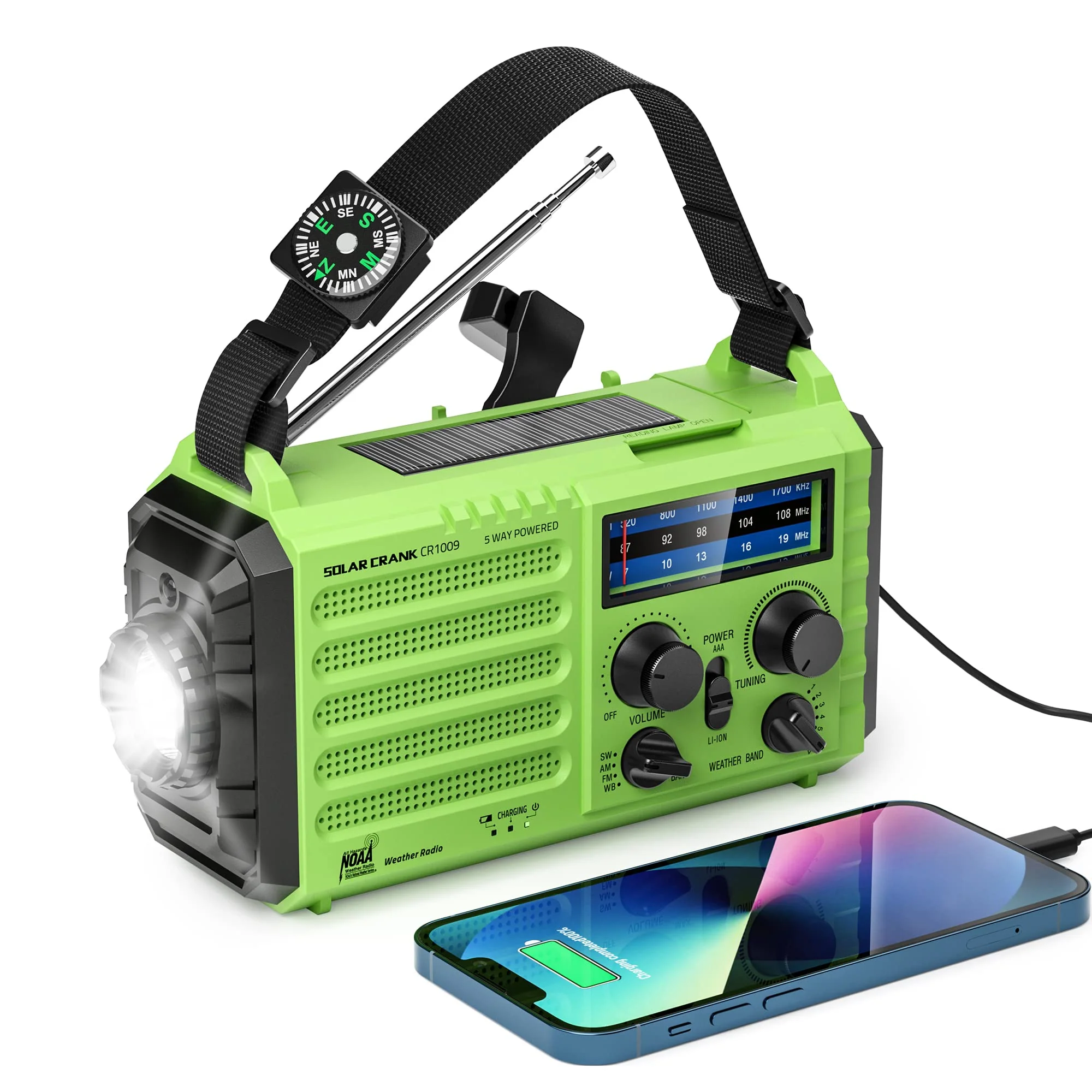 Emergency Weather Radio – 18500mWh Portable AM/FM/SW/NOAA Radio with Solar Hand Crank, Rechargeable Battery, USB Charger, LED Flashlight, Reading Light, and SOS Alarm, for Home Outdoor (Green) Green