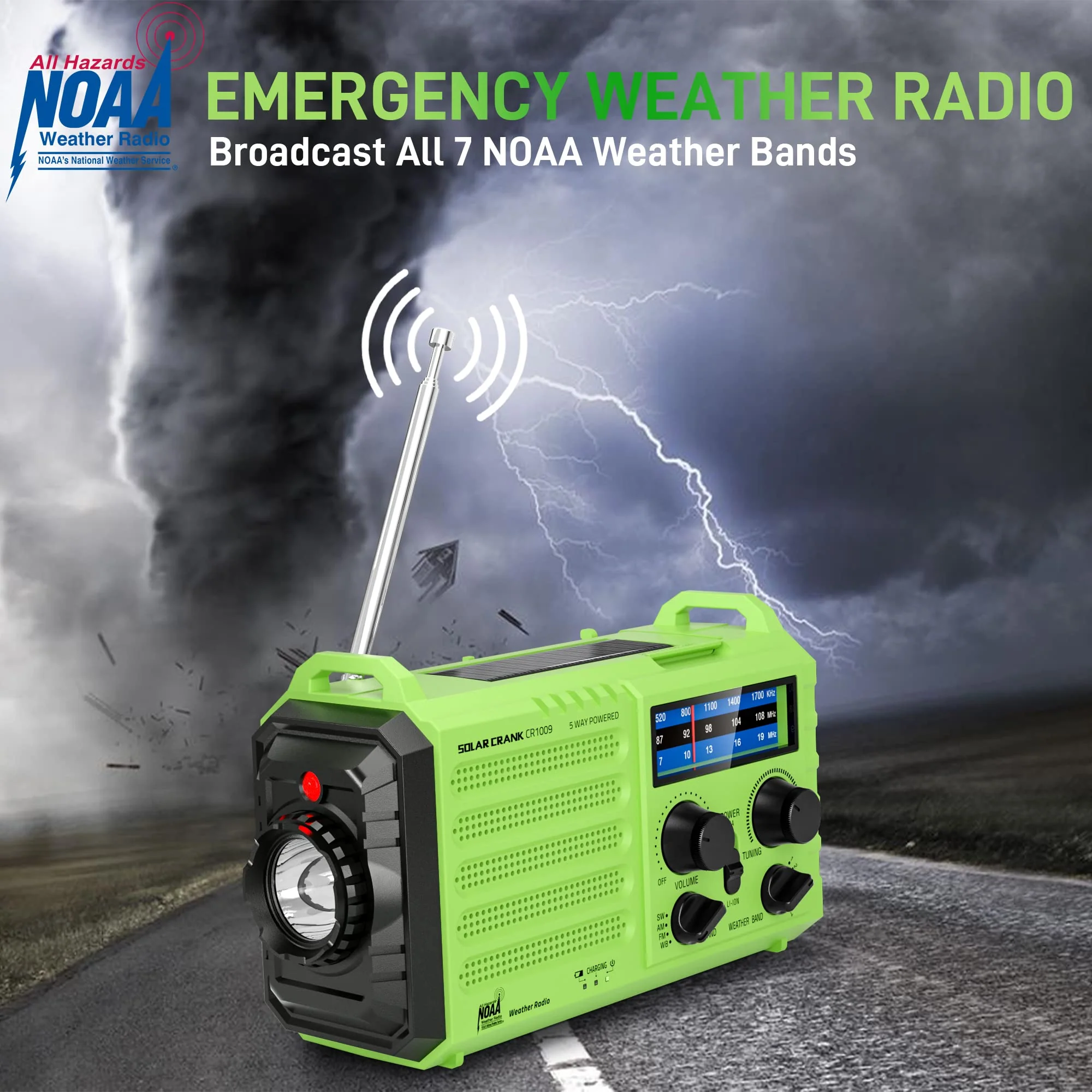 Emergency Weather Radio – 18500mWh Portable AM/FM/SW/NOAA Radio with Solar Hand Crank, Rechargeable Battery, USB Charger, LED Flashlight, Reading Light, and SOS Alarm, for Home Outdoor (Green) Green - Image 2
