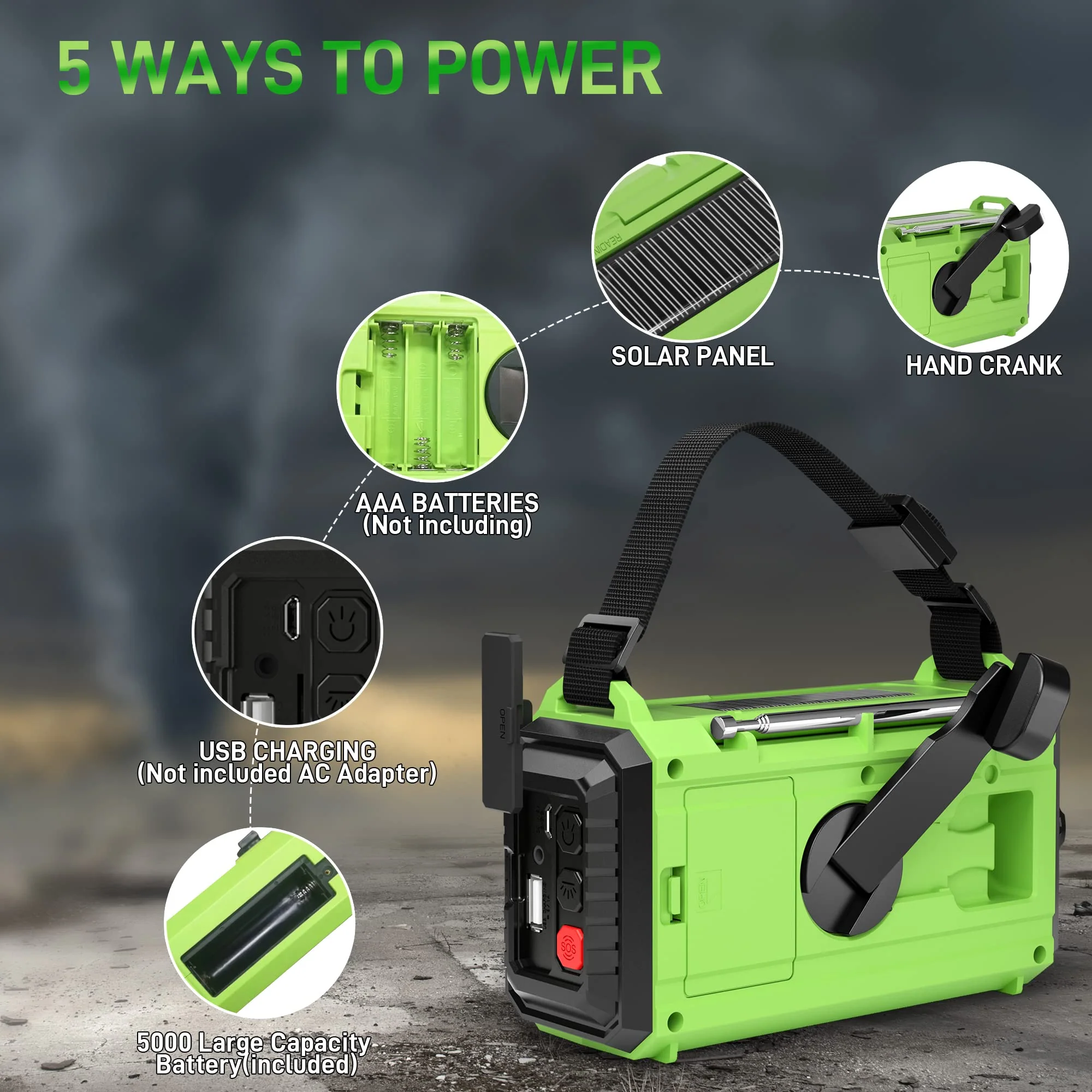 Emergency Weather Radio – 18500mWh Portable AM/FM/SW/NOAA Radio with Solar Hand Crank, Rechargeable Battery, USB Charger, LED Flashlight, Reading Light, and SOS Alarm, for Home Outdoor (Green) Green - Image 3