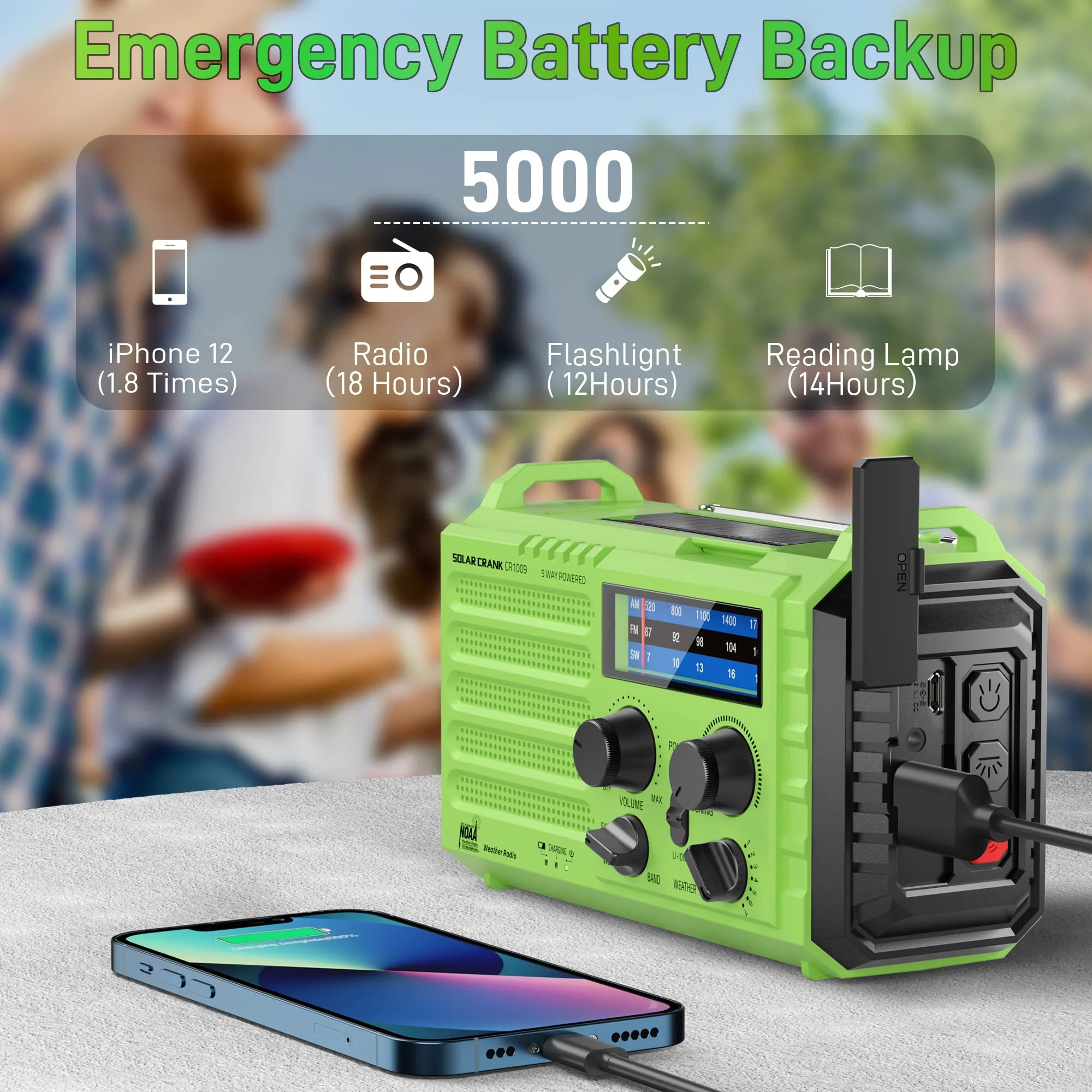 Emergency Weather Radio – 18500mWh Portable AM/FM/SW/NOAA Radio with Solar Hand Crank, Rechargeable Battery, USB Charger, LED Flashlight, Reading Light, and SOS Alarm, for Home Outdoor (Green) Green - Image 4