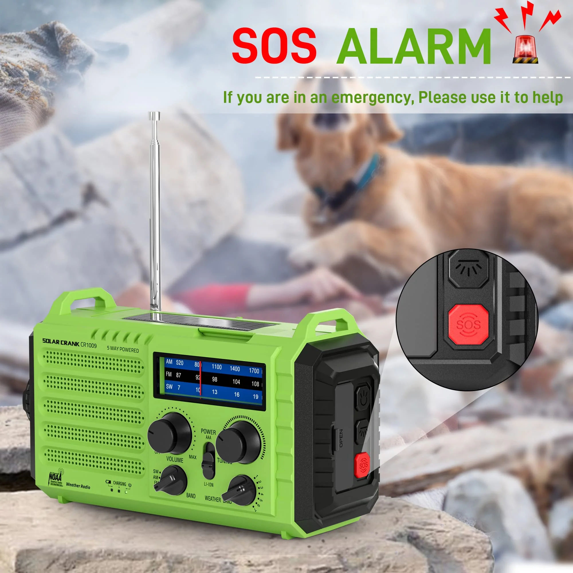Emergency Weather Radio – 18500mWh Portable AM/FM/SW/NOAA Radio with Solar Hand Crank, Rechargeable Battery, USB Charger, LED Flashlight, Reading Light, and SOS Alarm, for Home Outdoor (Green) Green - Image 6