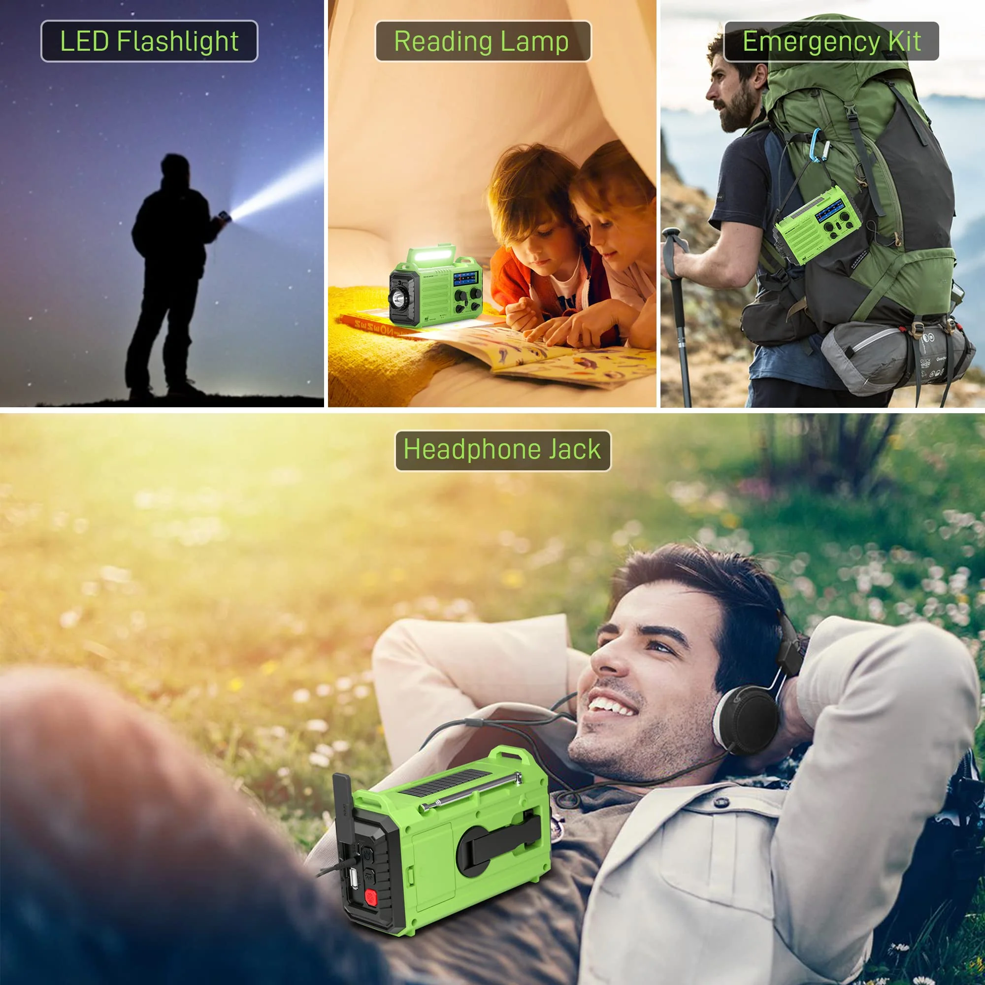 Emergency Weather Radio – 18500mWh Portable AM/FM/SW/NOAA Radio with Solar Hand Crank, Rechargeable Battery, USB Charger, LED Flashlight, Reading Light, and SOS Alarm, for Home Outdoor (Green) Green - Image 7