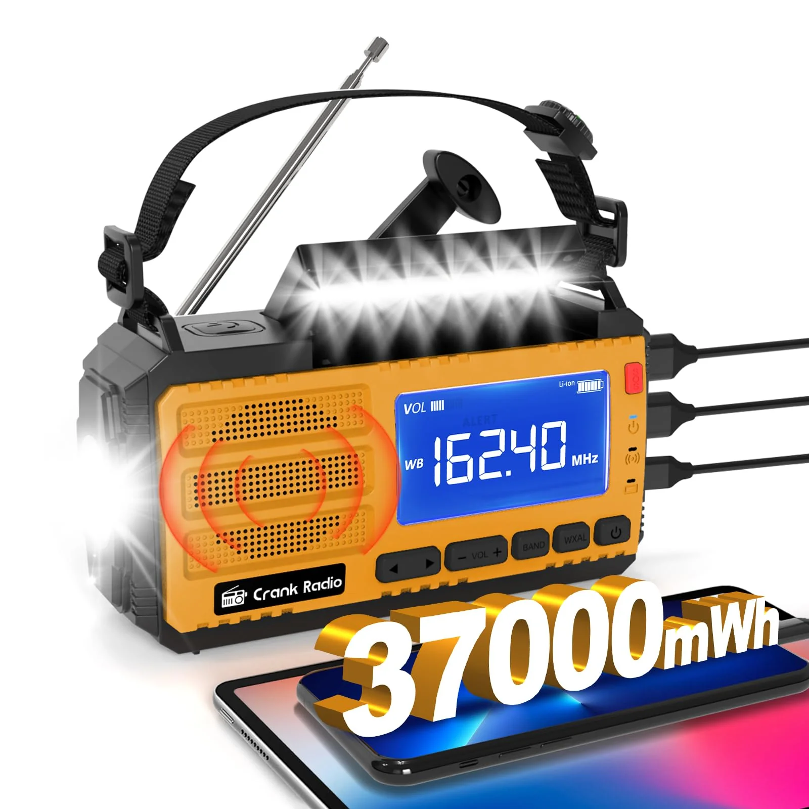 Emergency Weather Radio Solar Hand Crank Emergency Radio 37000mWh AM/FM NOAA Weather Radio with LCD Display 3 Mode Flashlight SOS Alarm Compass Headphone Jack for Winter Storm Emergency Orange