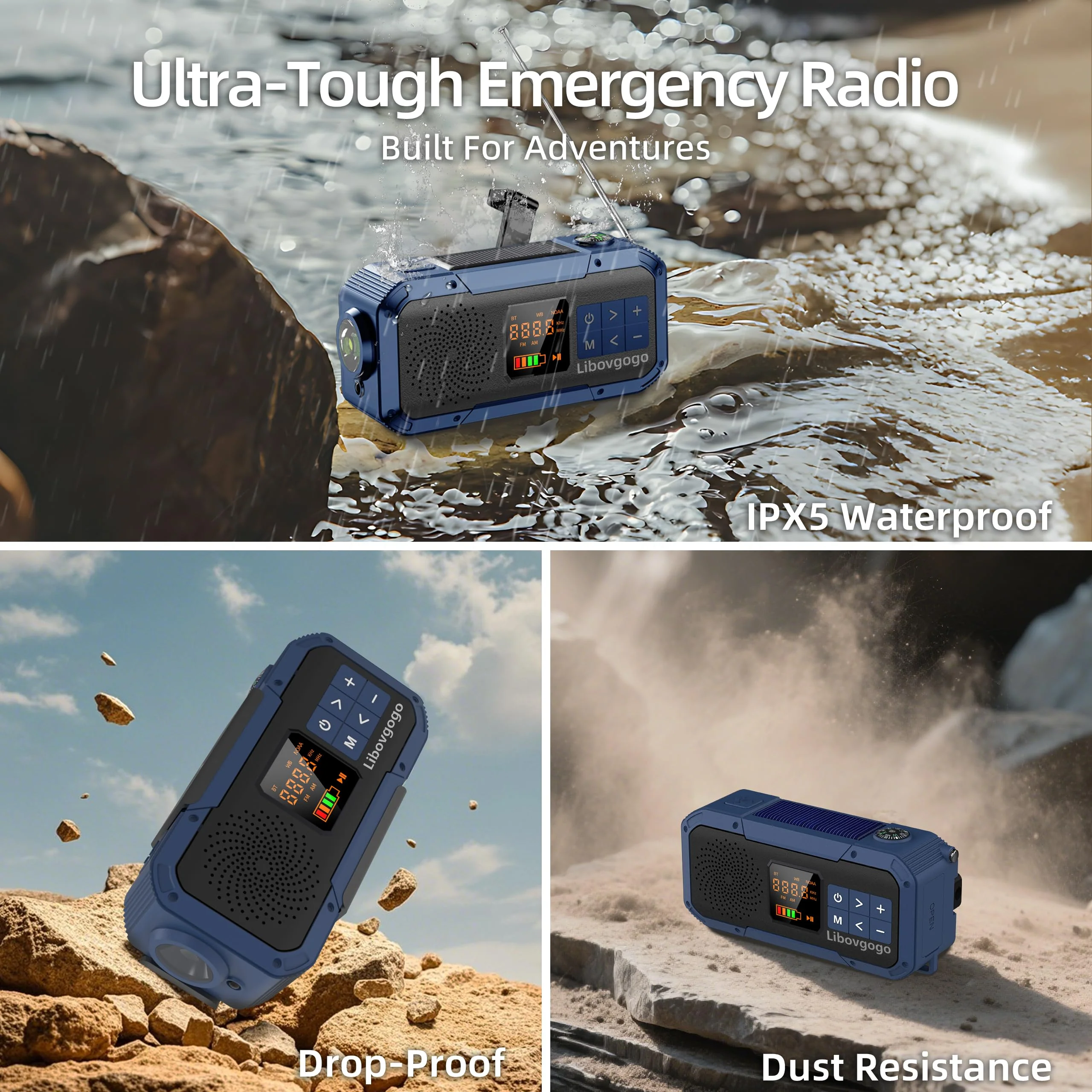 Emergency Weather Radio with IPX5 Waterproof Portable Bluetooth Speaker,USB-C Solar Hand Crank,NOAA Alarm AM FM Radio,Flashlight,SOS Alarm,2000mAh Cell Phone Charger for Camping and Survival (Blue) BLUE - Image 6