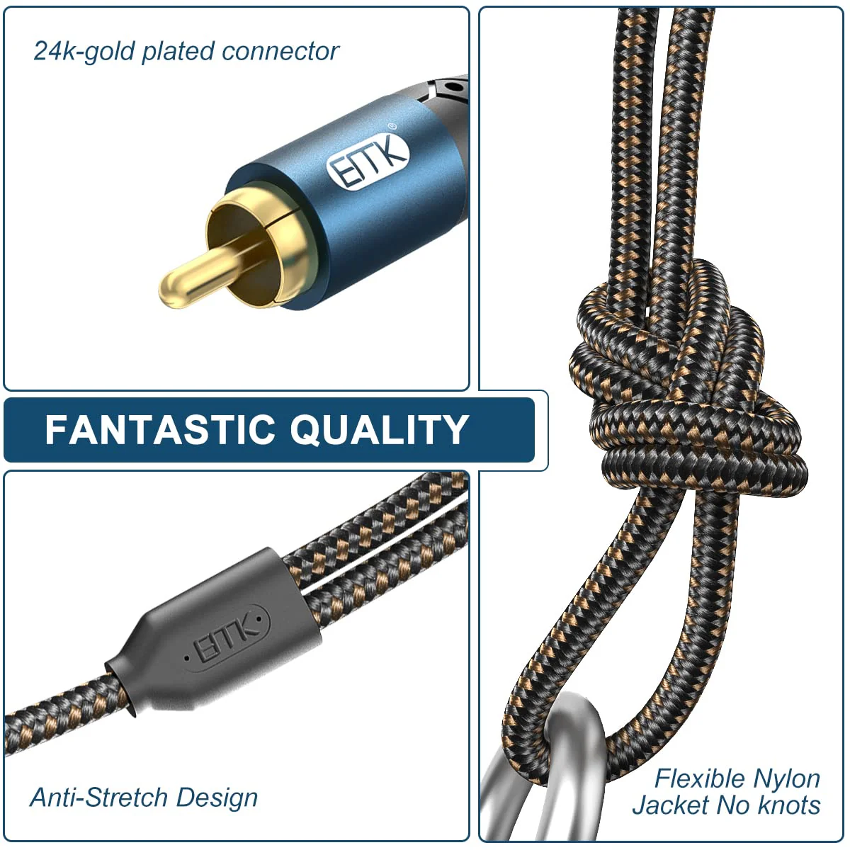 EMK 3.5mm to 2RCA Cable 24K Gold-Plated Nylon Braided RCA to Auxiliary Stereo Audio Headphone Male to Male 1/8 to RCA Cord for Tablet,Subwoofer,Home Theater,DVD Speaker,MP3/MP4,Player 10ft/3m - Image 6