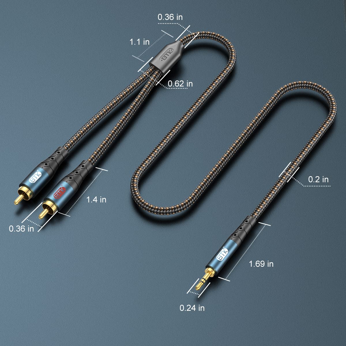 EMK 3.5mm to 2RCA Cable 24K Gold-Plated Nylon Braided RCA to Auxiliary Stereo Audio Headphone Male to Male 1/8 to RCA Cord for Tablet,Subwoofer,Home Theater,DVD Speaker,MP3/MP4,Player 10ft/3m - Image 7