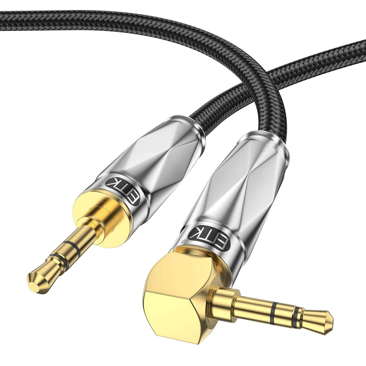 EMK Aux Cable for Car, 90 Degree Right Angle Auxiliary Cable Stereo Aux Jack to Jack Cord Compatible for Smartphones, MP3 Players, Laptops, Tablets, Bluetooth Speakers, Soundbars, and More(3M) Silver 10FT/3M-Silver