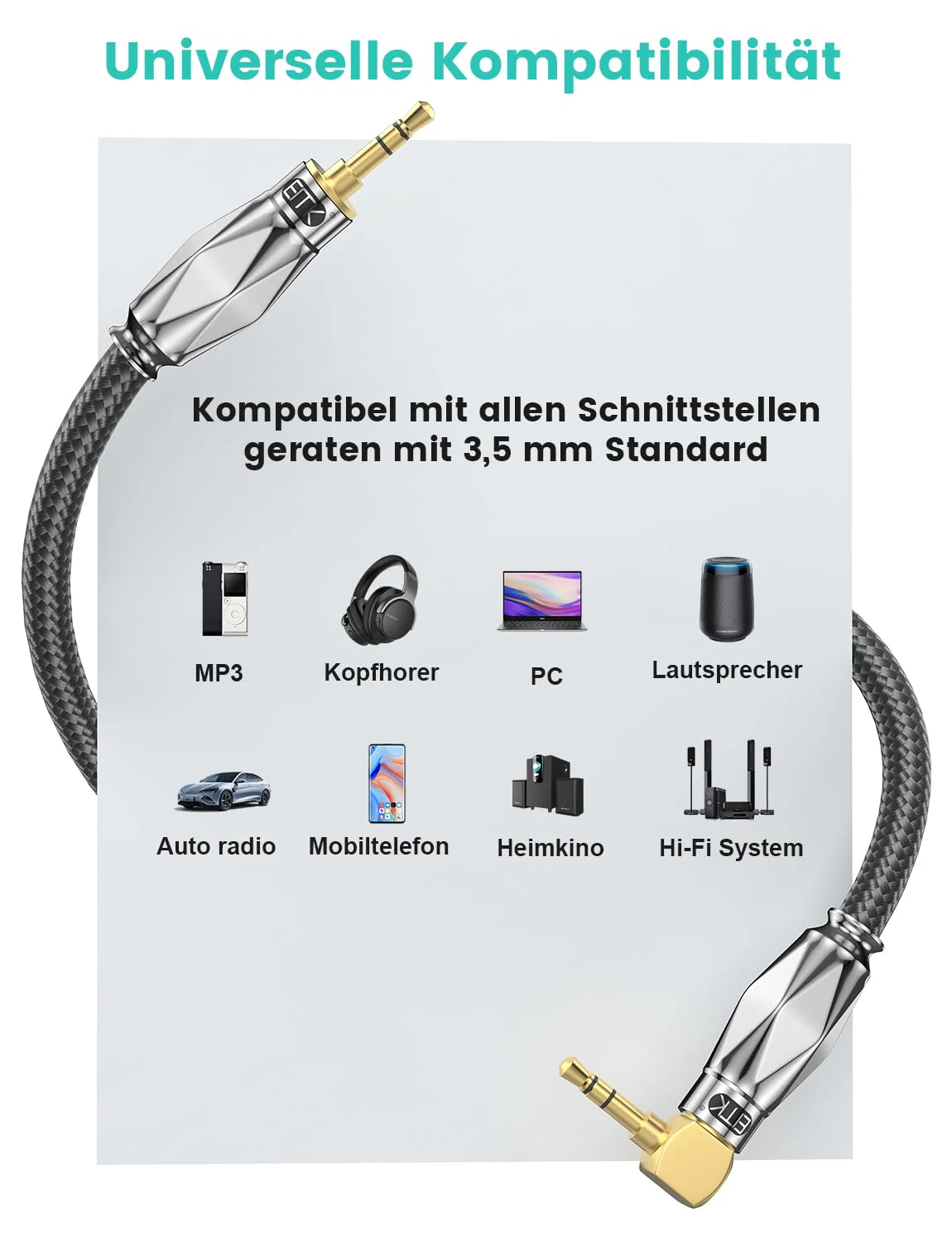 EMK Aux Cable for Car, 90 Degree Right Angle Auxiliary Cable Stereo Aux Jack to Jack Cord Compatible for Smartphones, MP3 Players, Laptops, Tablets, Bluetooth Speakers, Soundbars, and More(3M) Silver 10FT/3M-Silver - Image 6
