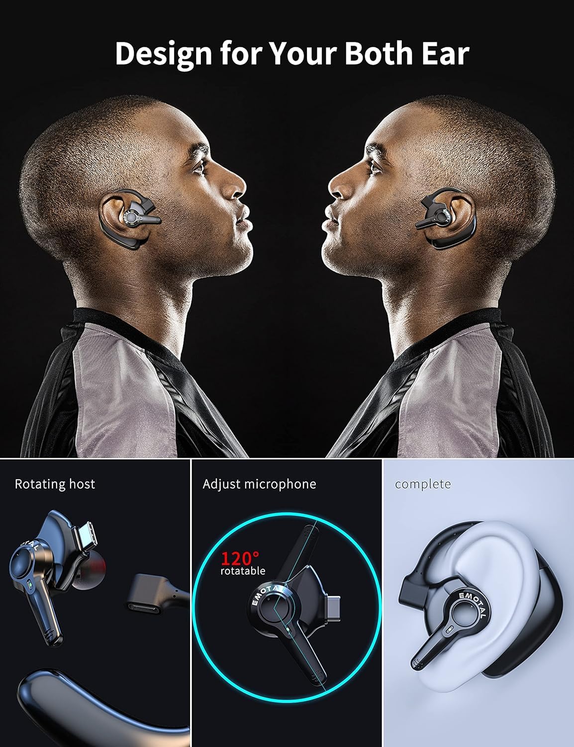 emotal Dual-Mic AI Noise Cancelling Bluetooth Headset for Cell Phones, 10 Days Standby 30Hrs HD Talktime Bluetooth Earpiece IPX6 Waterproof Ultralight for Driving/Truckers/Business, Black - Image 4