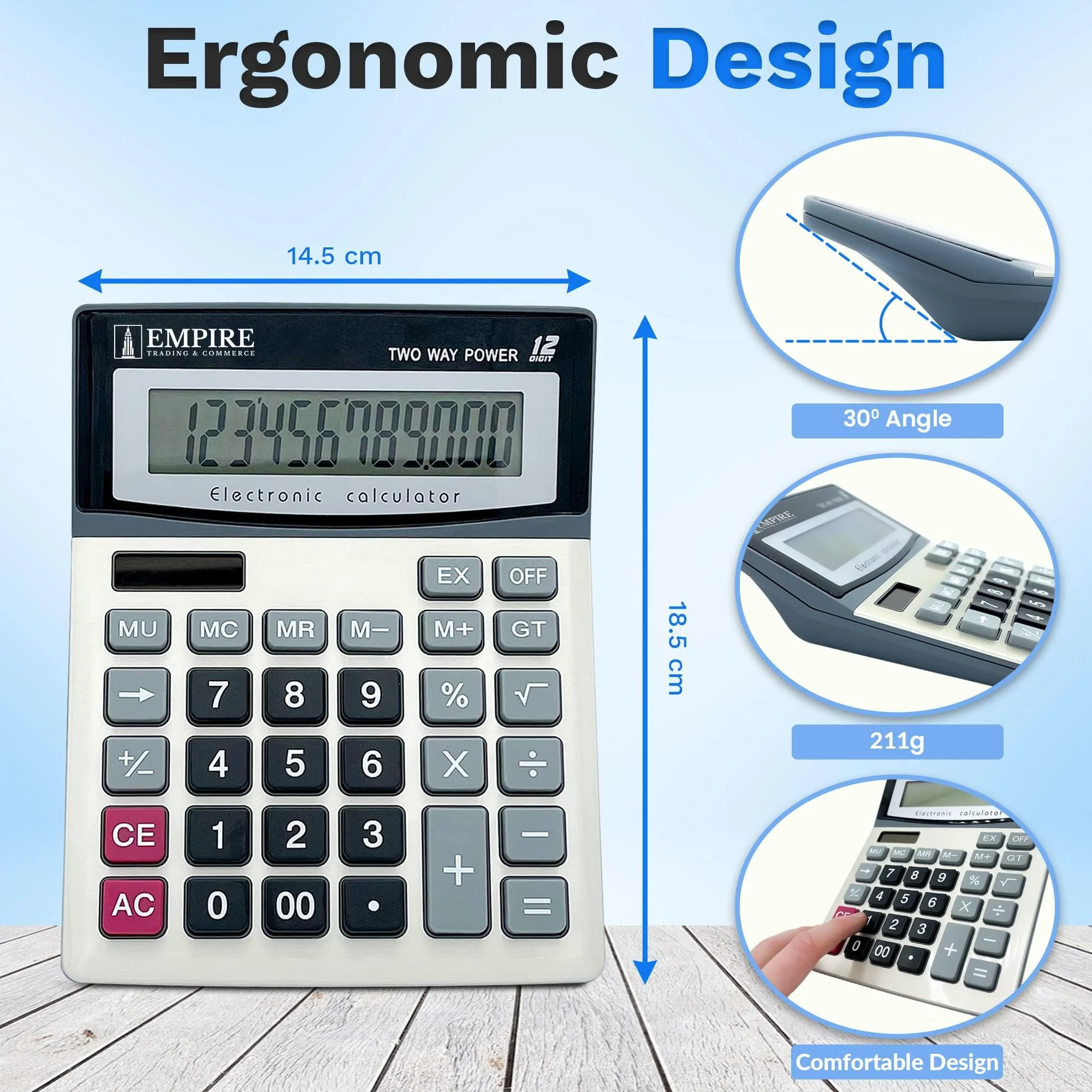 Empire Desk Calculator with Large Key Buttons, 12 Digits, Large Eye-Angled Display, Solar and Battery Powered for Home and Office (Battery Included) - Image 5