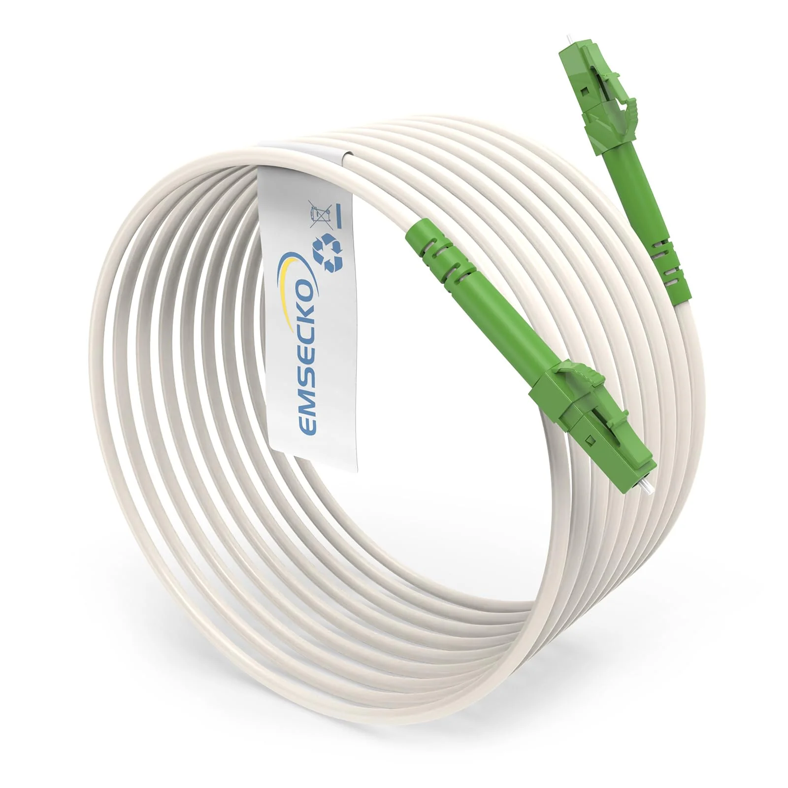 EMSECKO LC/APC to LC/APC Fibre Optic Cable, 10 m OS2 Simplex 3.0 mm Plug, 9/125μm Patch Cable LSZH 8°, FTTH Fibre Optic Cable, White 10M