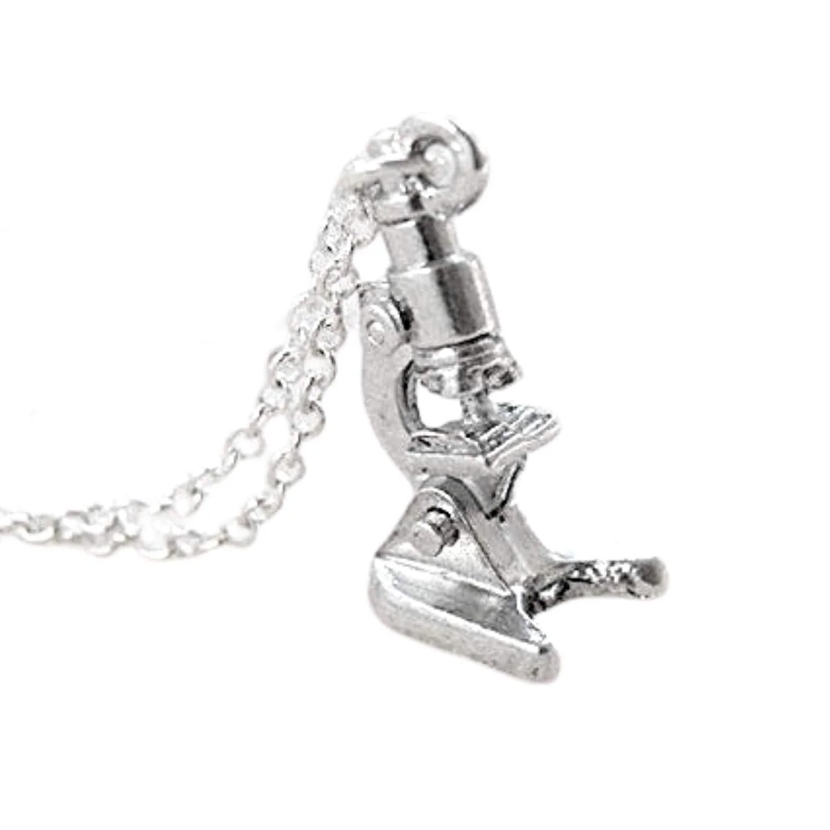 Enchanted Leaves - Tiny Silver Microscope Necklace - Cute Laboratory Science Gift | Microscope Charm Necklace