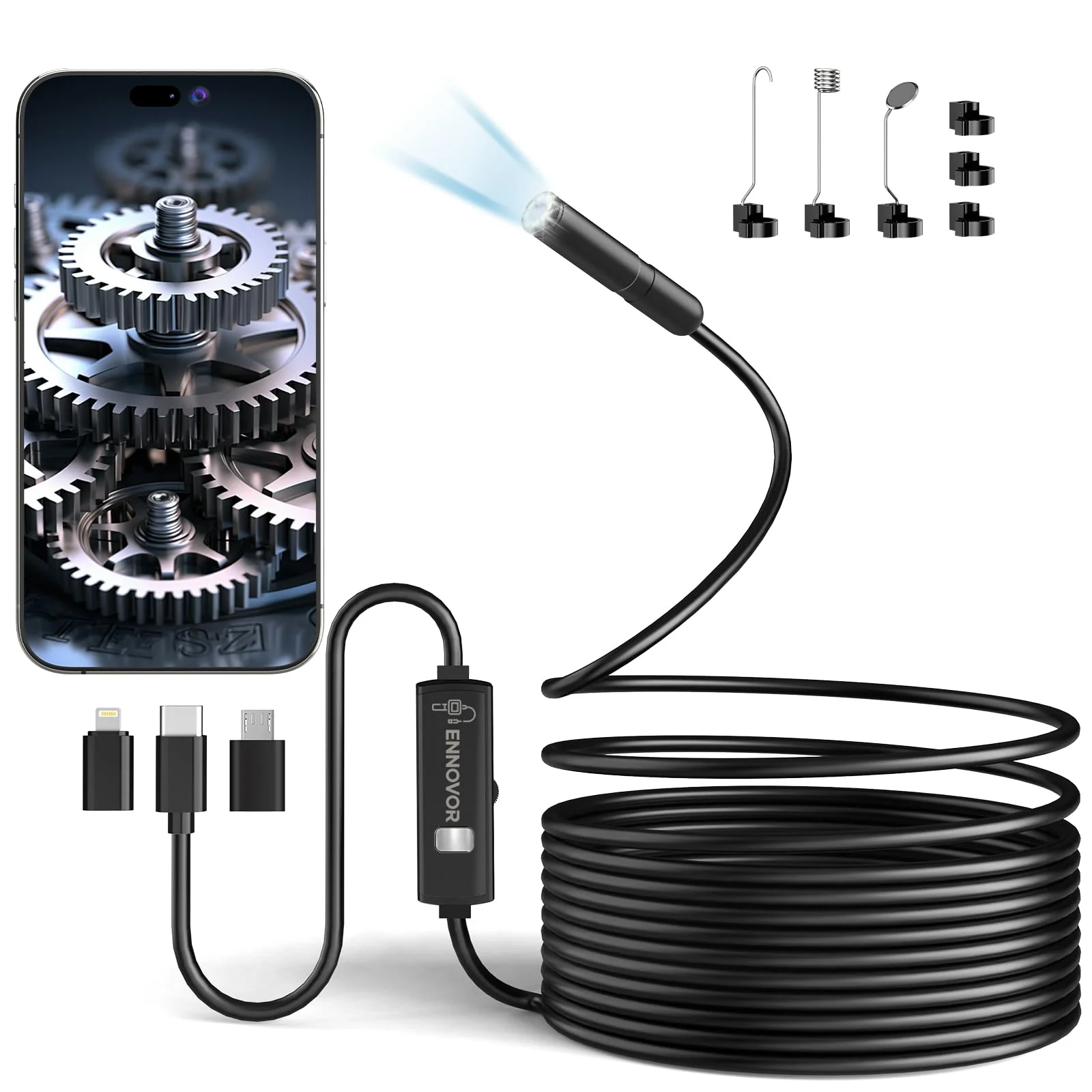Ennovor Endoscope Camera with Light, 1920P HD Inspection Camera, Channel Camera 7.9mm with 8 LED Light, Waterproof IP67 Tube Camera, No WiFi, for Android & iOS, for Cars | Pipes | Machinery (5M) W401