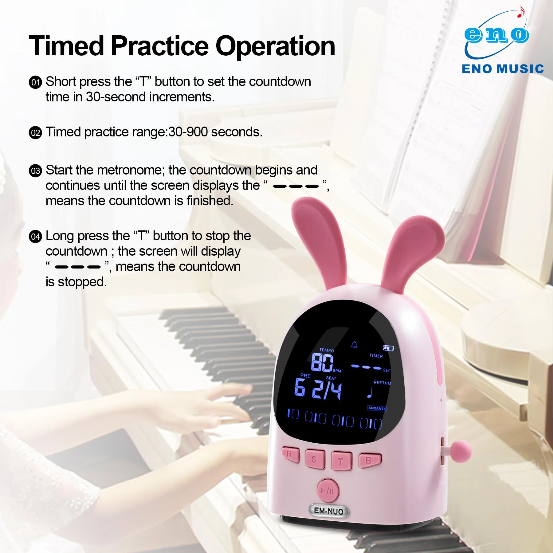 ENO MUSIC Easy Control Rechargeable Electric Metronome for Acoustic Guitar Violin Ukulele Drum Piano Players with Big Sound Digital Metronome-Rabbit - Image 4