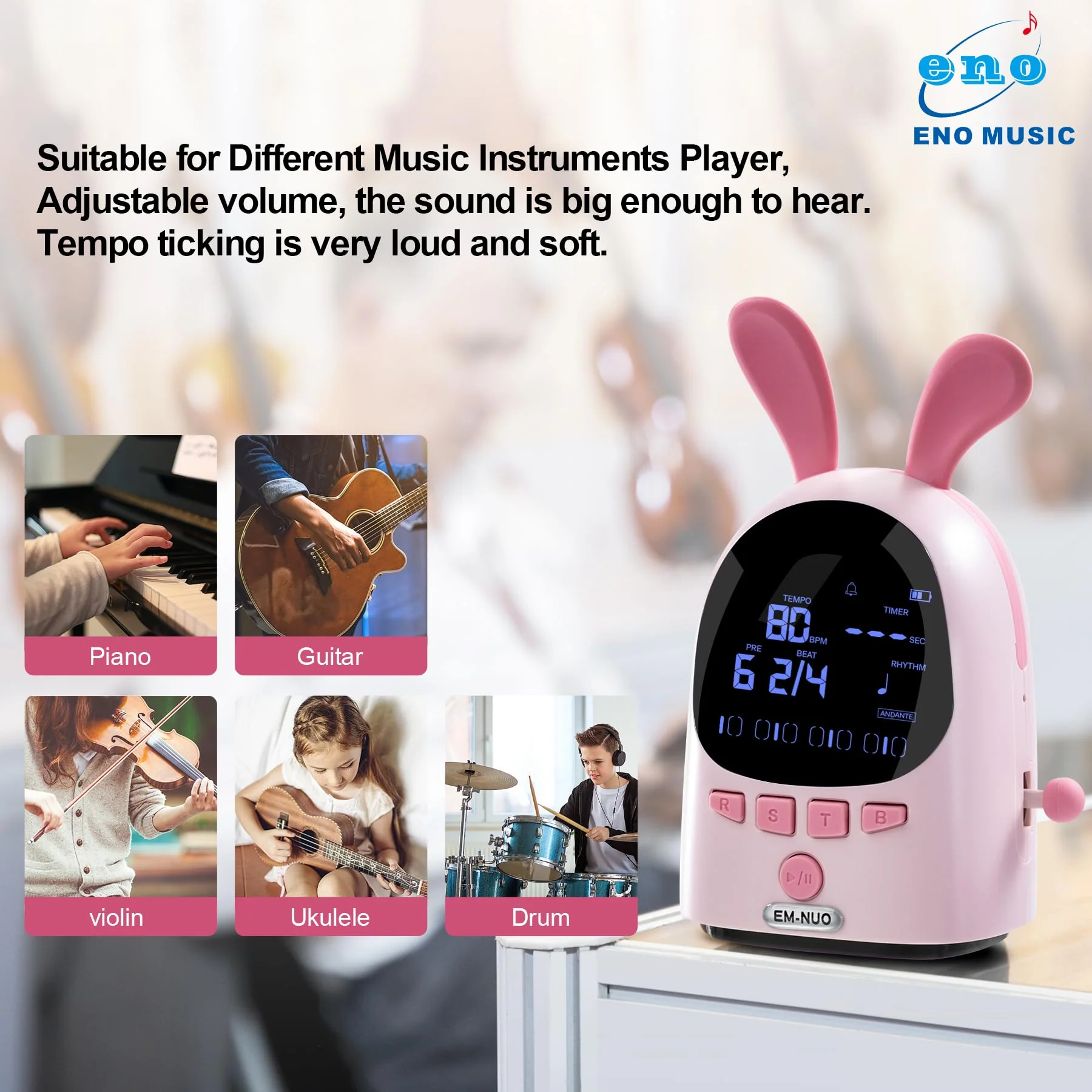 ENO MUSIC Easy Control Rechargeable Electric Metronome for Acoustic Guitar Violin Ukulele Drum Piano Players with Big Sound Digital Metronome-Rabbit - Image 9