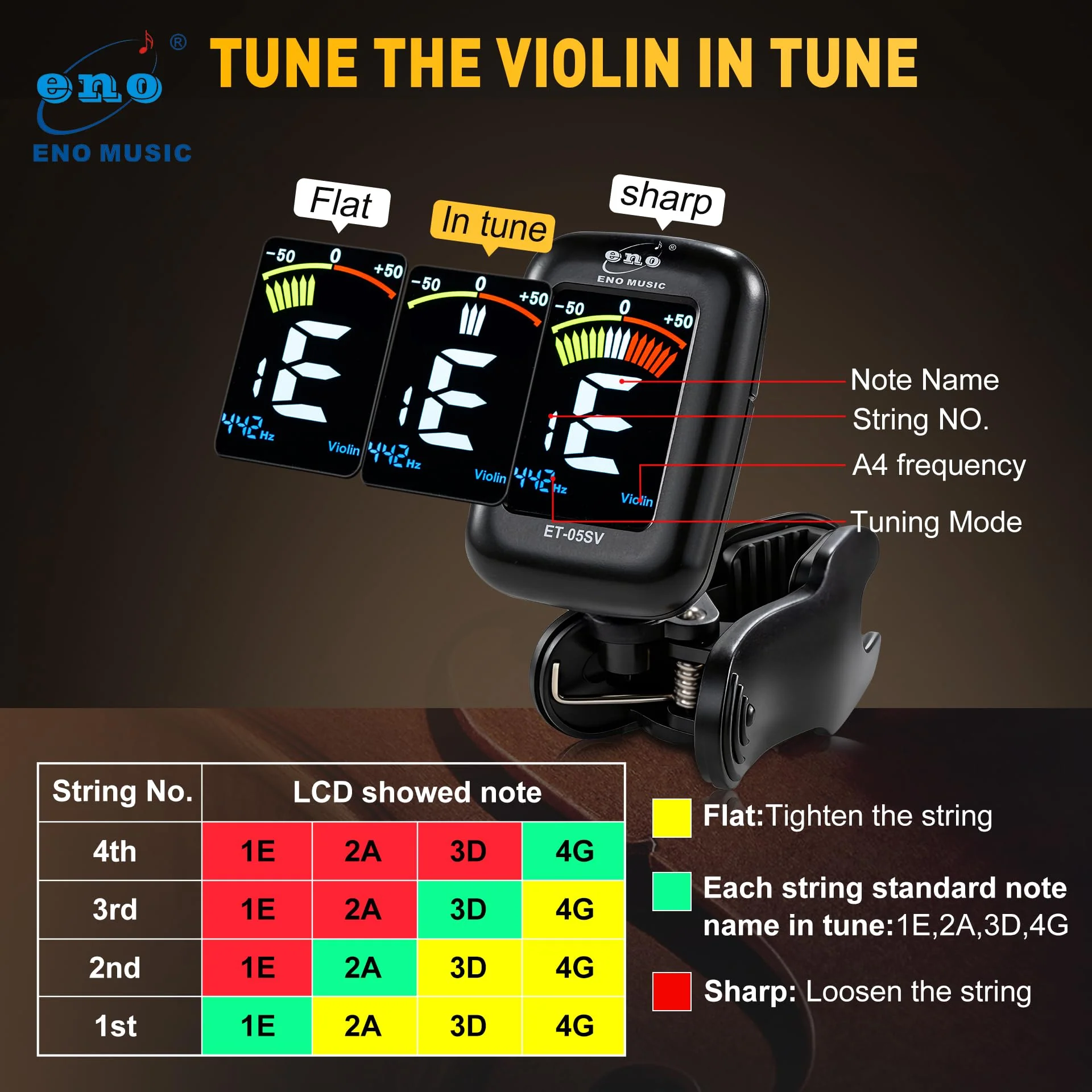 ENO MUSIC Professional Violin Viola Tuner, Colorful LCD Display Easy Control Clip on Accurate Violin Tuner ET-05SV - Image 3