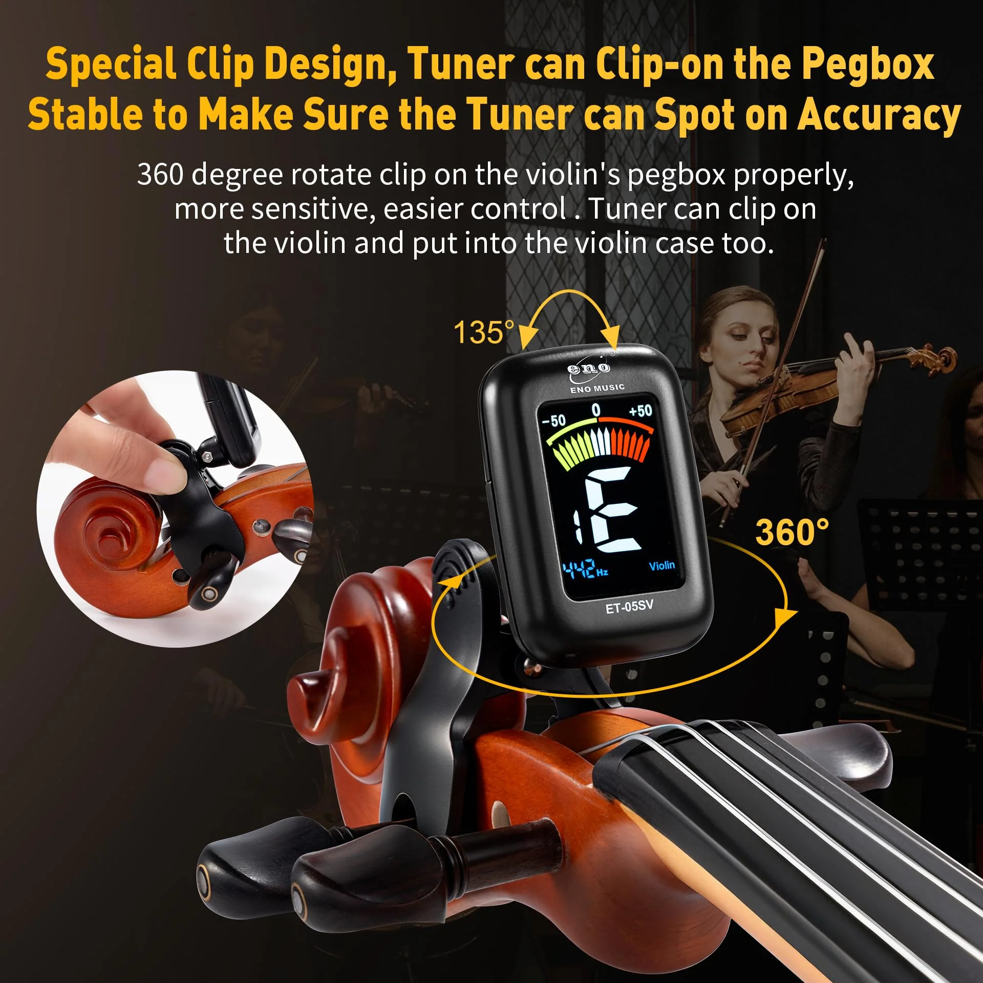 ENO MUSIC Professional Violin Viola Tuner, Colorful LCD Display Easy Control Clip on Accurate Violin Tuner ET-05SV - Image 4