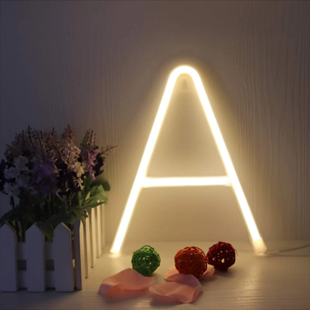 ENUOLI Warm White Neon Letter Sign Night Lights Neon Words Battery/USB Powered LED Alphabet Neon Art Lights Wall Decor Light up Words for Wedding Birthday Party Christmas Home Bar Decoration (A)