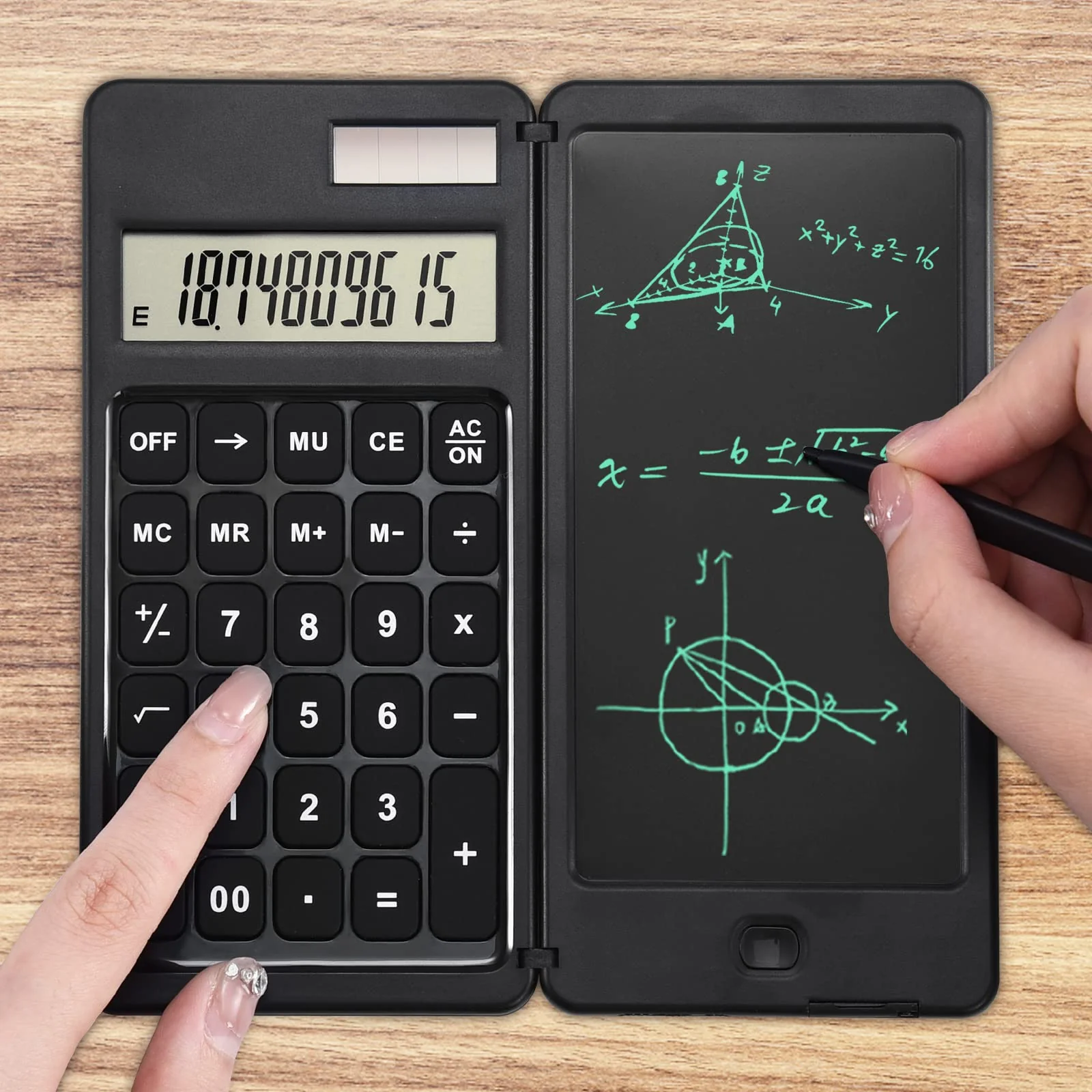 EooCoo Scientific Calculator with Notepad,10-Digit Large Display Office Desk Calcultors,Support Solar and Battery,Foldable Calculator for Students, School and College, Office Desk Accessories Dark Black - Image 4