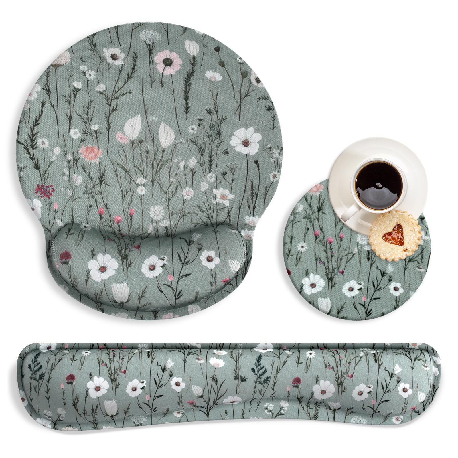 Ergonomic Mouse Pad and Keyboard Wrist Rest, Green Floral Mouse Pad with Wrist Rest Set, Daisy Flower Memory Foam Mouse Pad with Wrist Support and Keyboard Pad for Women, Office, Gaming Wildflower Daisy Floral