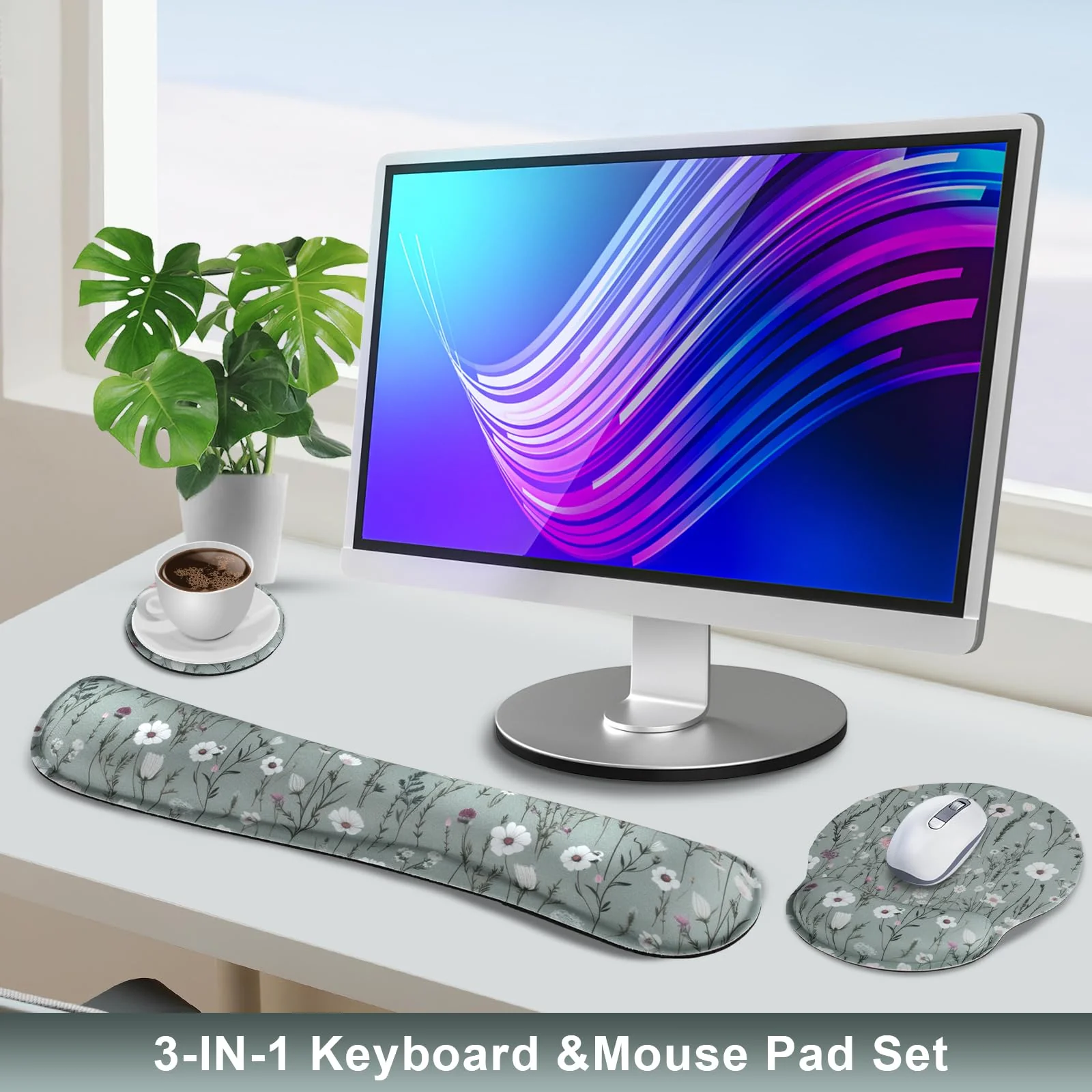 Ergonomic Mouse Pad and Keyboard Wrist Rest, Green Floral Mouse Pad with Wrist Rest Set, Daisy Flower Memory Foam Mouse Pad with Wrist Support and Keyboard Pad for Women, Office, Gaming Wildflower Daisy Floral - Image 2