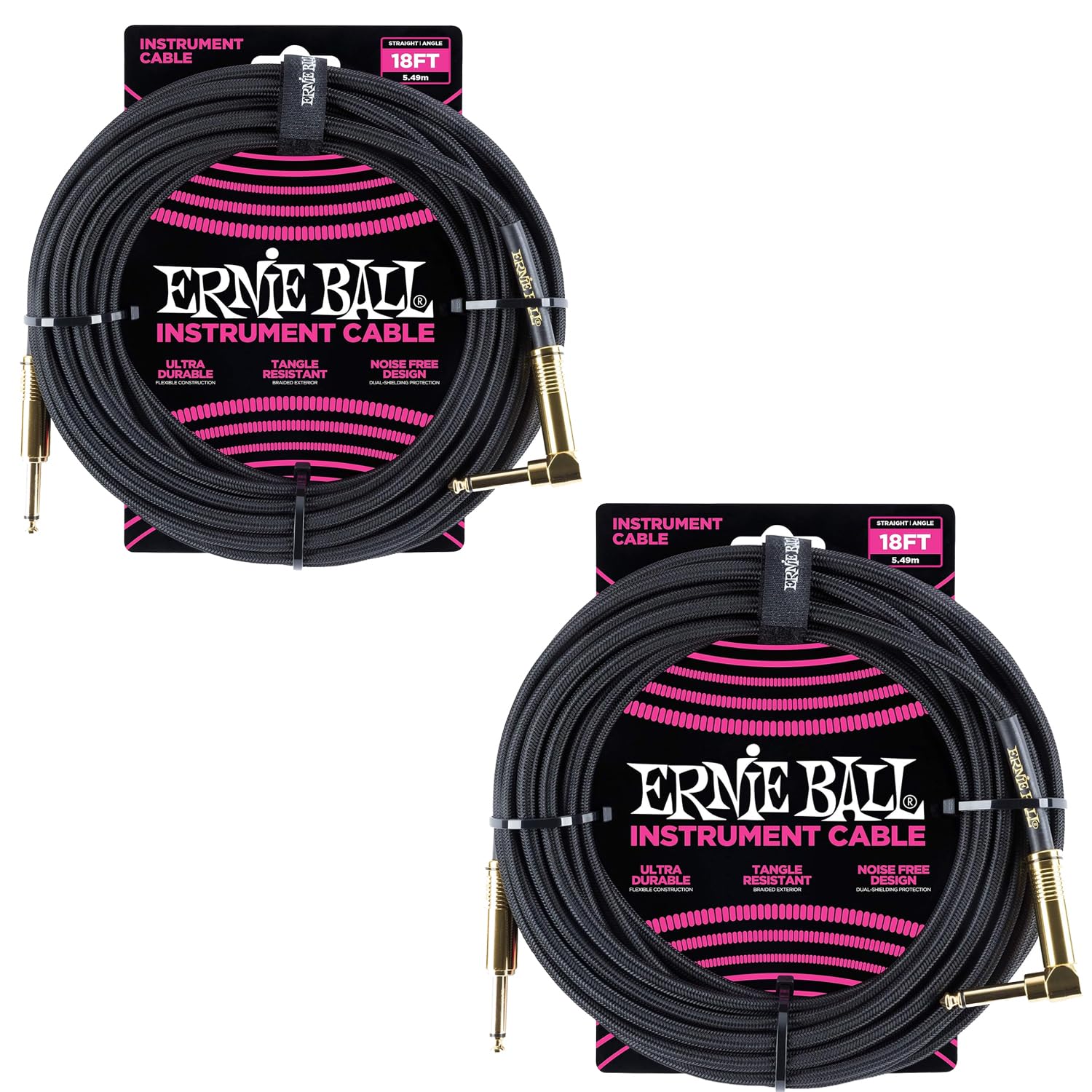 Ernie Ball Braided Instrument Cable Set Straight/Angle Length 18ft in Black (P06086) - Pack of 2