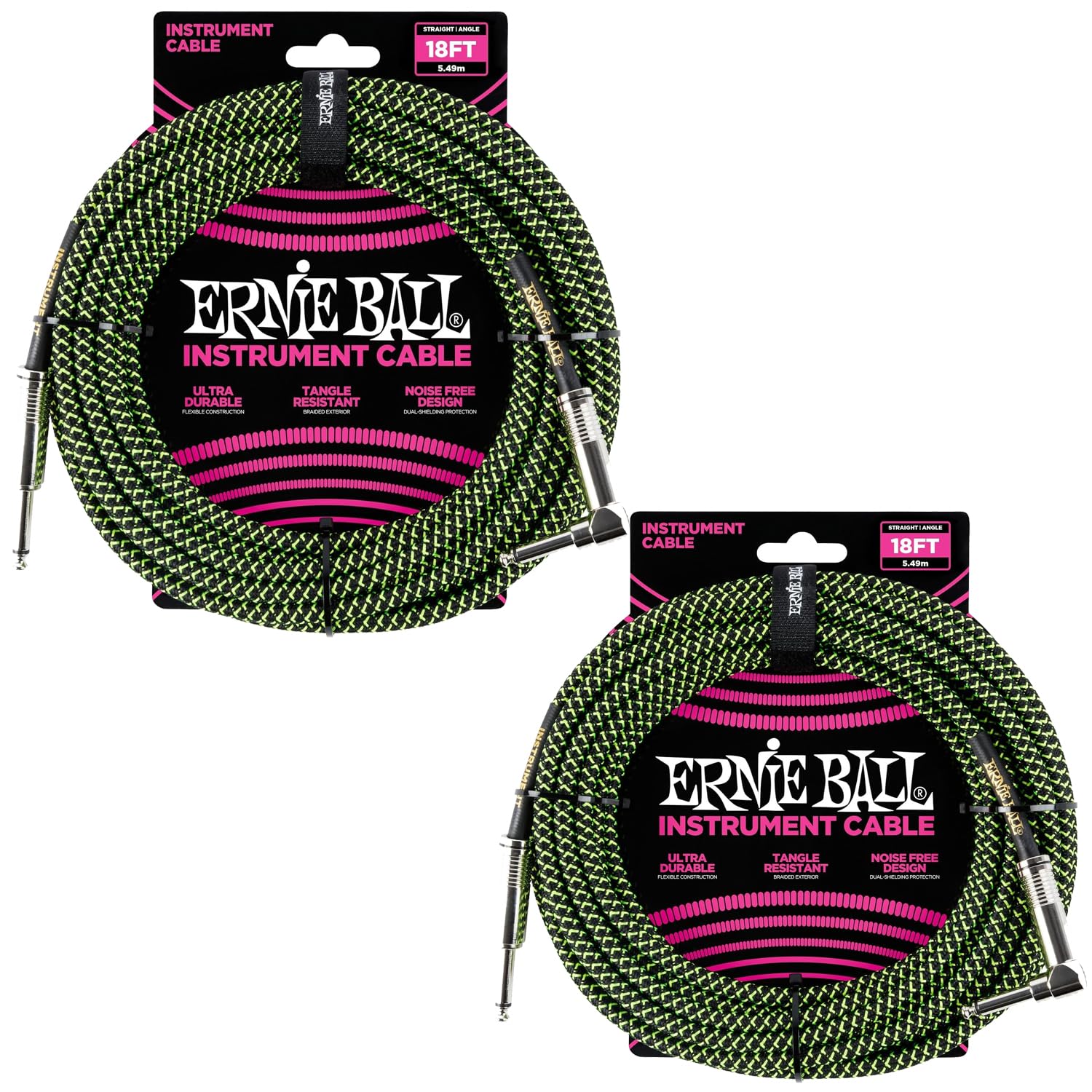 Ernie Ball Braided Instrument Cable Set Straight/Angle Length 18ft in Neon Green/Black (P06082) - Pack of 2